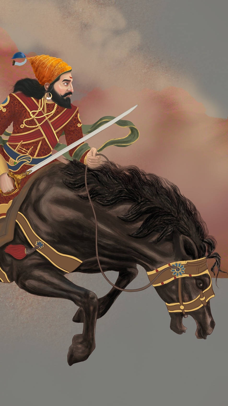 shivaji maharaj HD 桌布 壁紙 — 一名身穿華麗紅色盔甲和橙色頭巾的戰士騎著一匹黑馬，奔騰穿過煙霧雲層，手持一把劍。