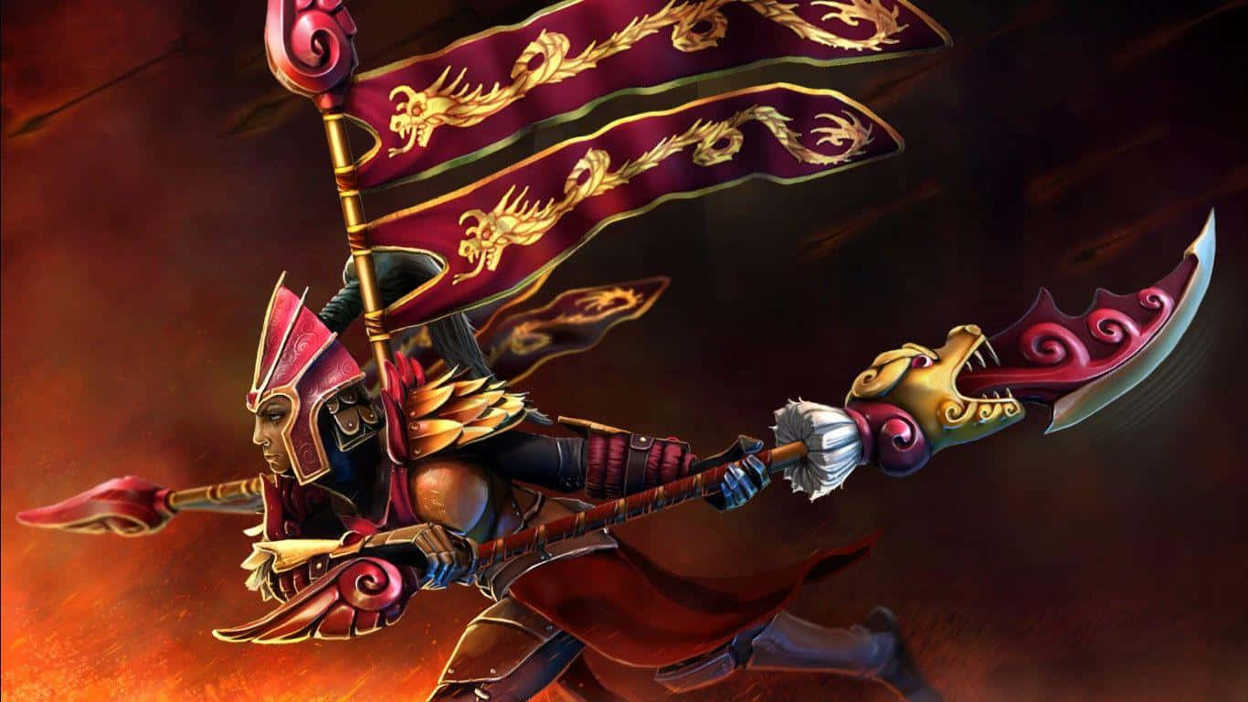 Legion Commander 桌布 壁紙 — 一名身穿華麗紅金鎧甲的戰士，手持彎刀和飾有龍的旗幟，在熾熱的背景中向前衝鋒。