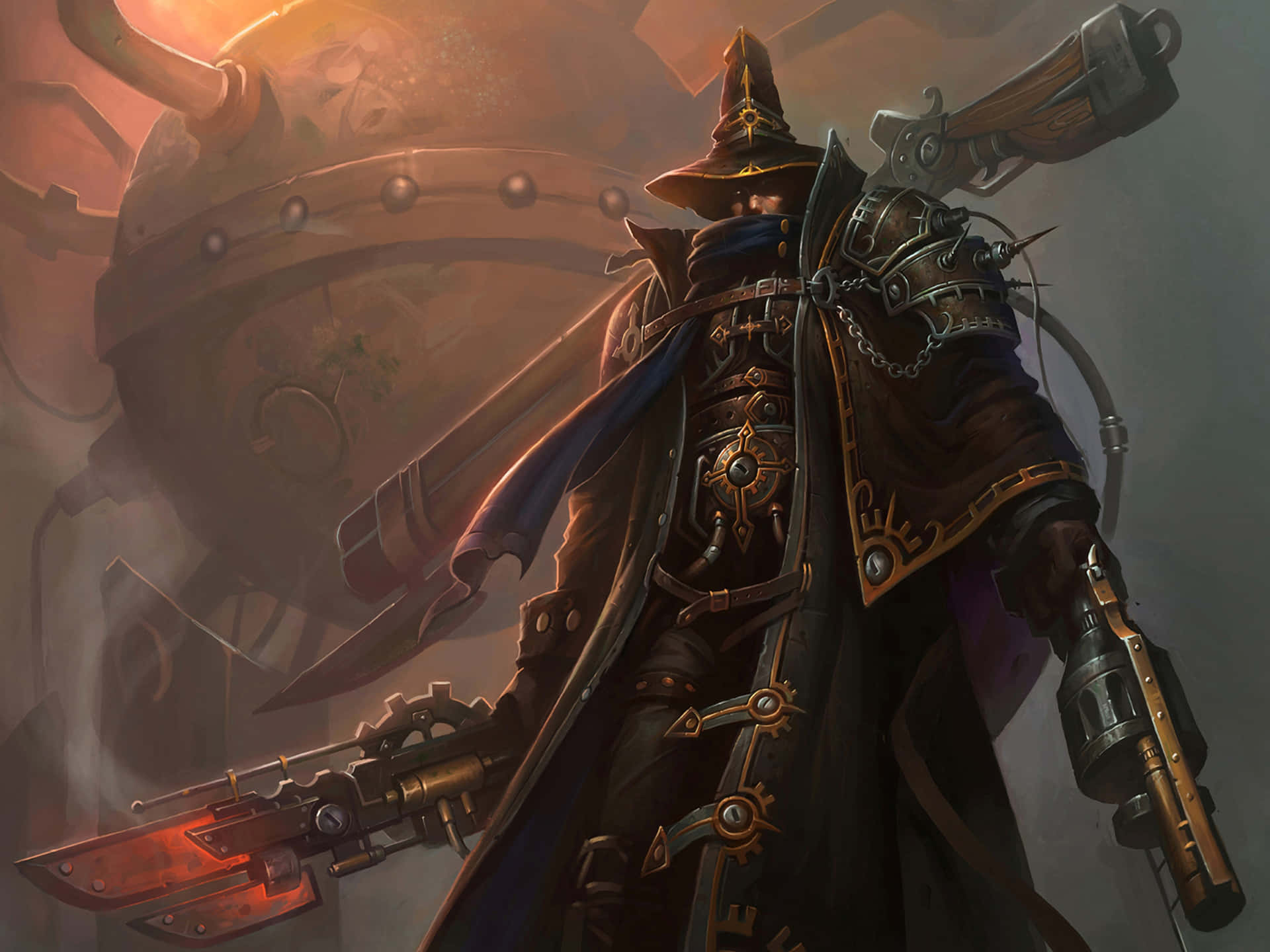 Dark Steampunk 桌布 壁紙 — 一名身穿華麗裝備的蒸氣龐克戰士，在溫暖的夕陽光下，以巨型機械為背景揮舞著發光武器。