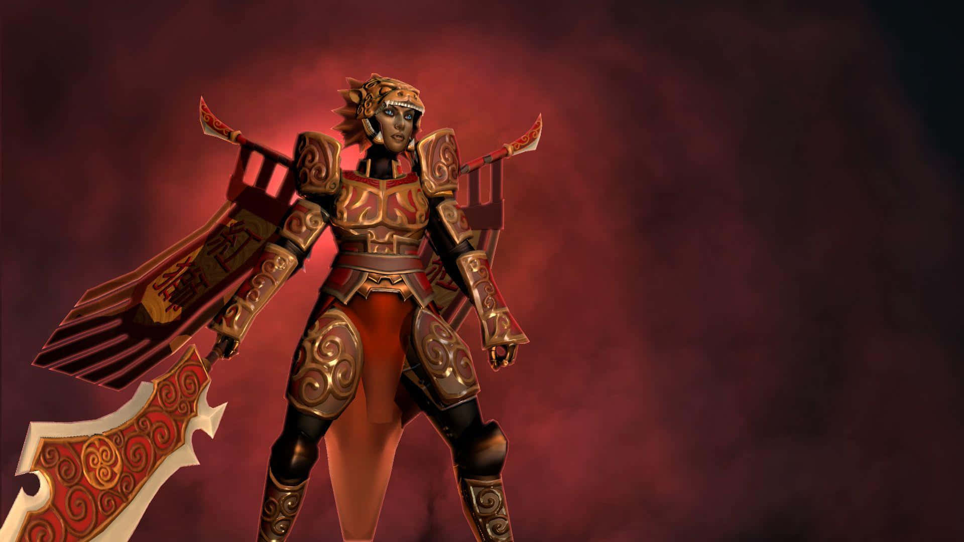 Legion Commander 桌布 壁紙 — 一名身穿華麗金色盔甲、帶有紅色點綴的戰士，在煙霧繚繞的深紅色背景下，手持一把大型裝飾武器，蓄勢待發。