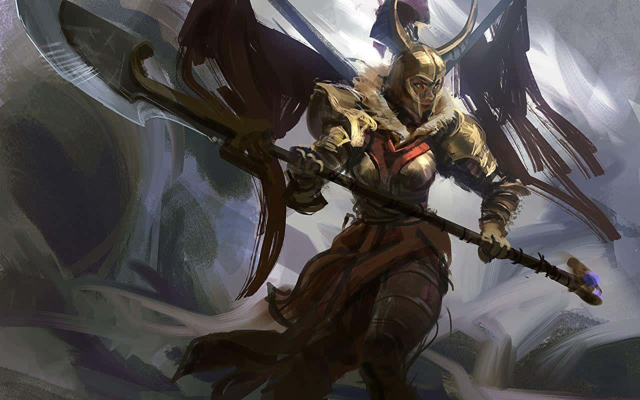 Legion Commander 桌布 壁紙 — 一名身穿華麗金色盔甲的戰士，在暴風雨般的灰色背景下揮舞著巨大的斧頭，飄動著深色斗篷。