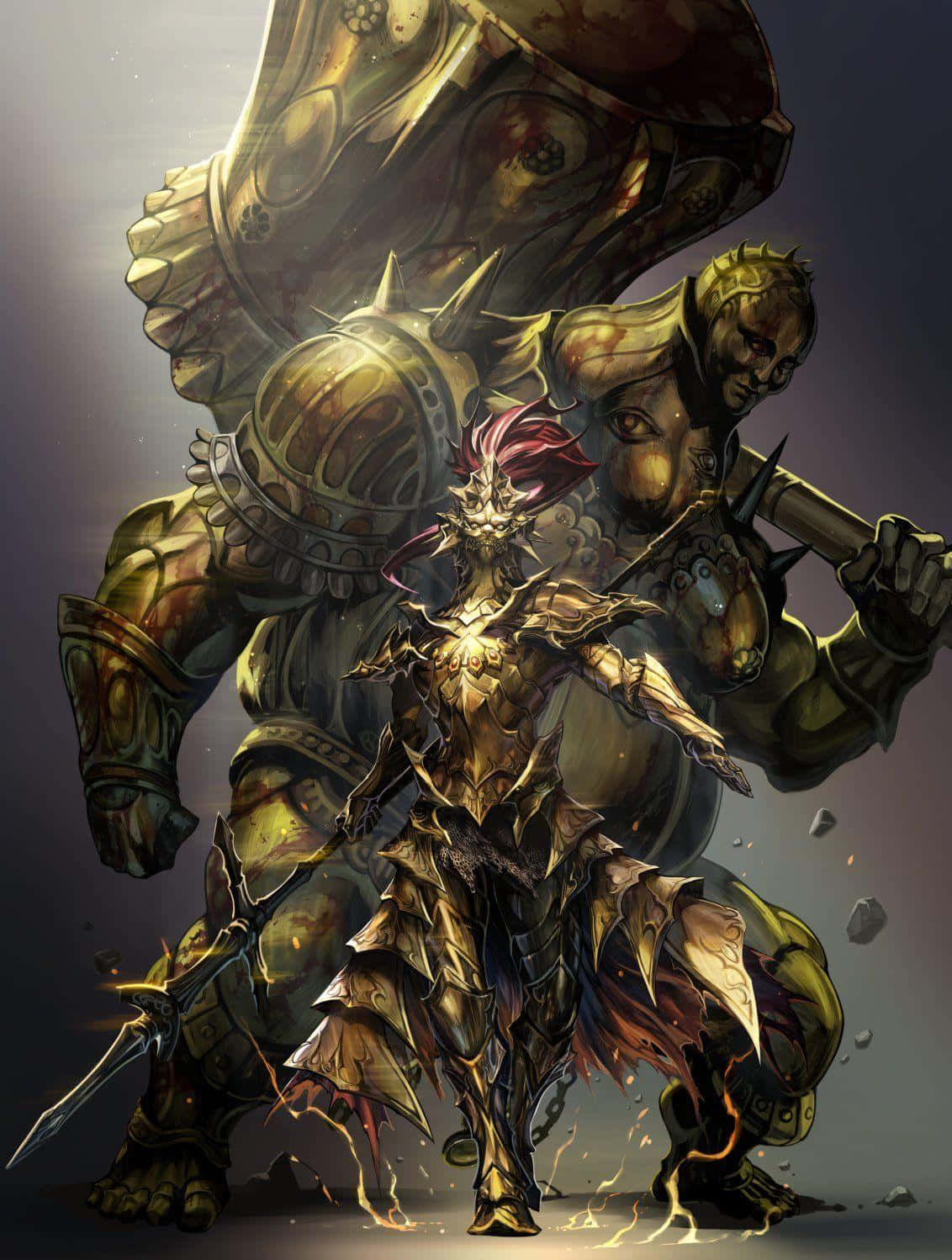 Dragon Slayer Ornstein 桌布 壁紙 — 一名身穿華麗金色盔甲的戰士，挑釁地站在一個擁有發光眼睛和帶刺棍棒的巨型裝甲巨人面前。