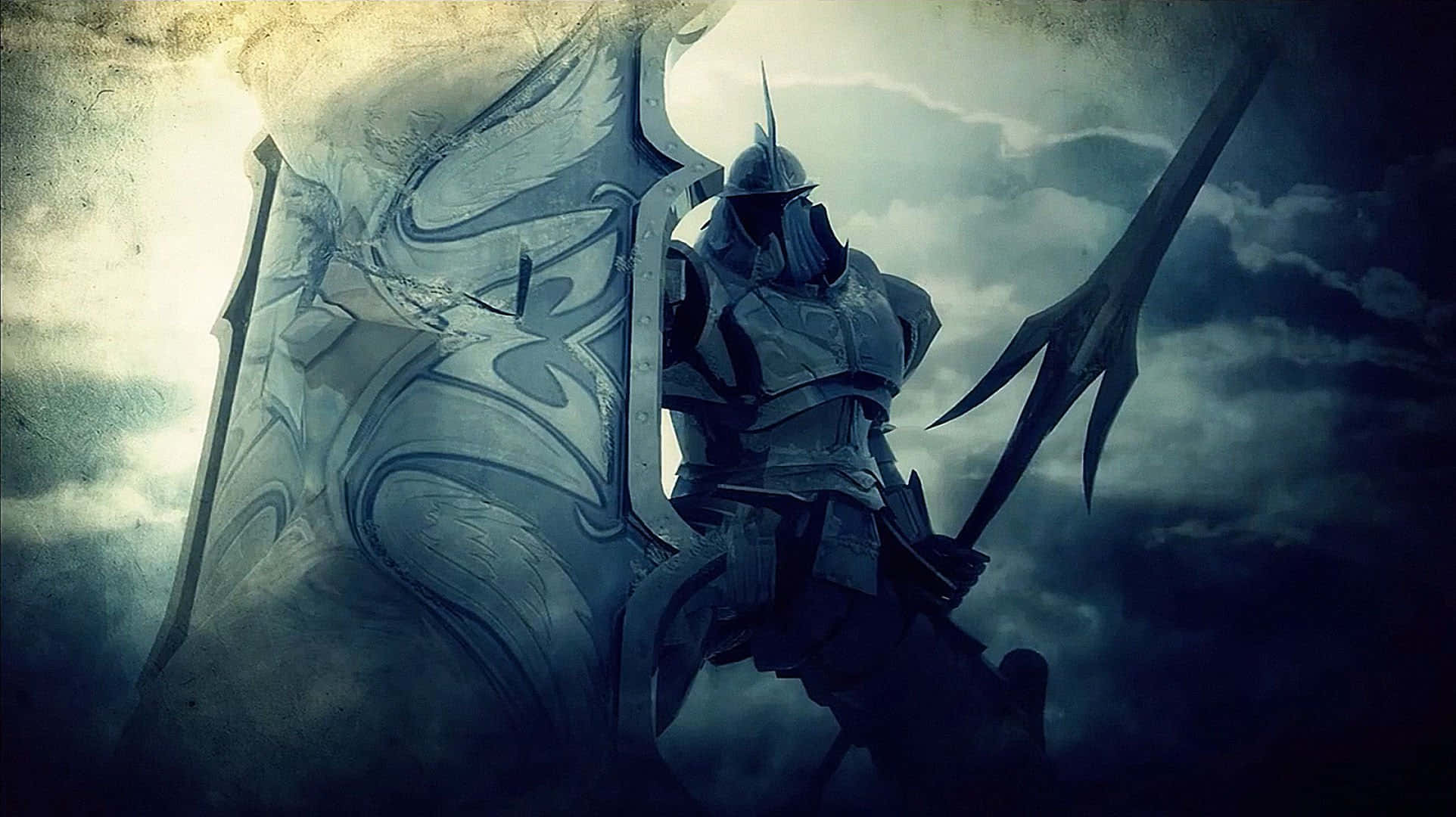 Demon Fighting 桌布 壁紙 — 一名身穿華麗銀色盔甲的騎士，在暴風雨的天空下，手持巨大的盾牌和三叉戟，傲然挺立。