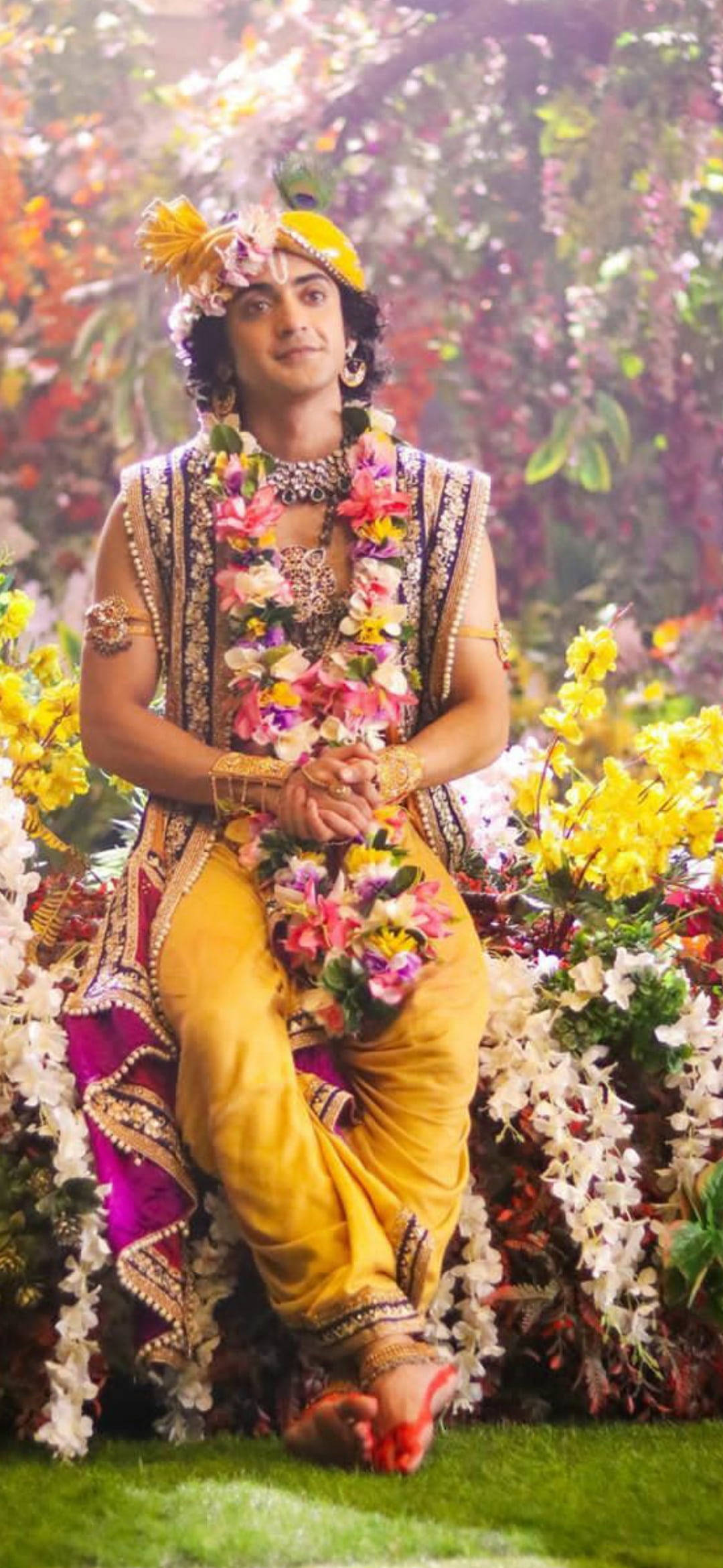 krishna iPhone 桌布 壁紙 — 一名身穿華麗黃紫傳統服飾的男子，優雅地坐在沐浴在溫暖陽光下的繽紛花園中。