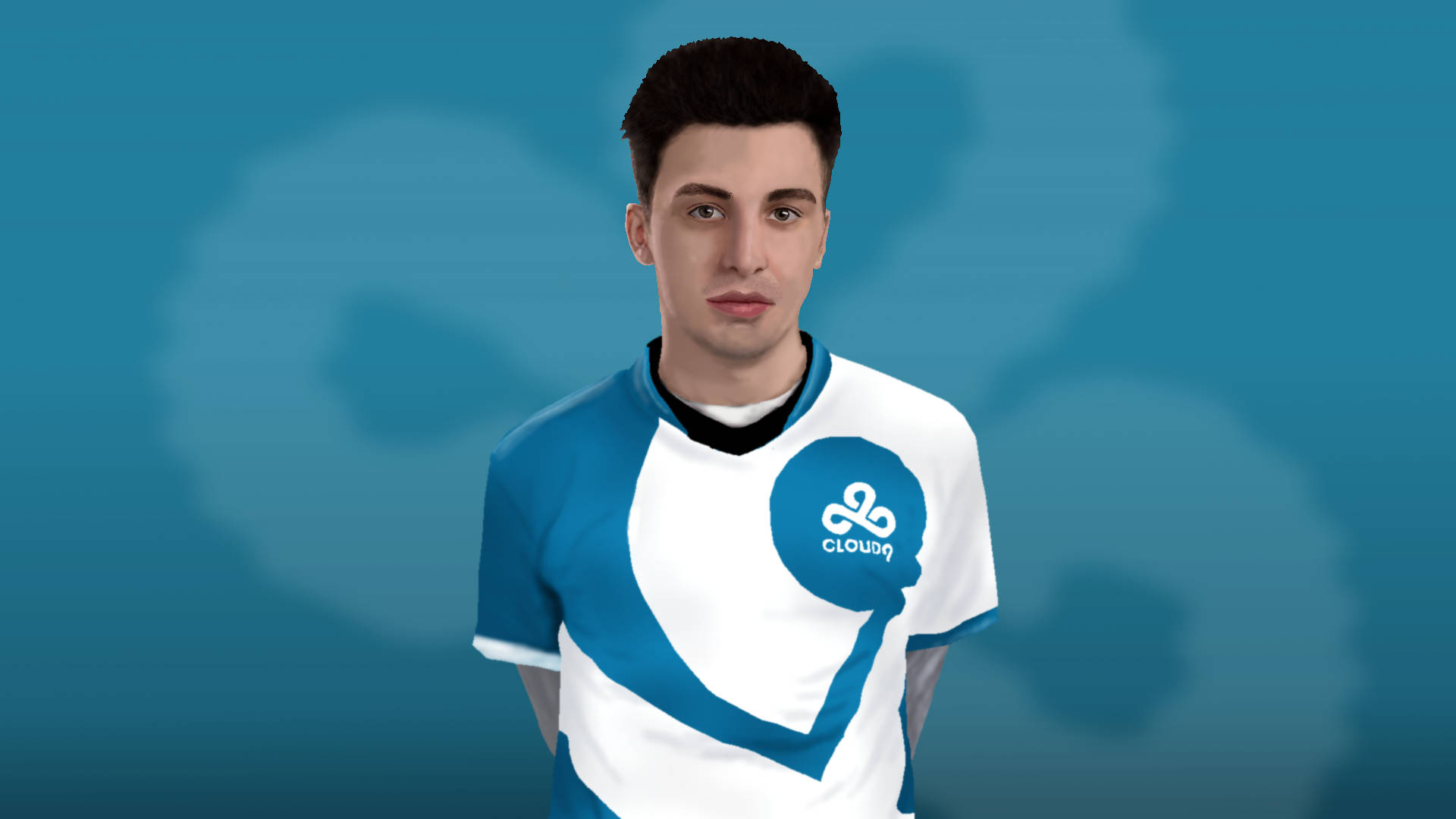 3D Good Boy Shroud 壁紙 — 一名身穿藍白Cloud9球衣的年輕男子，站在模糊的藍綠色背景前，背景帶有柔和的齒輪形狀。