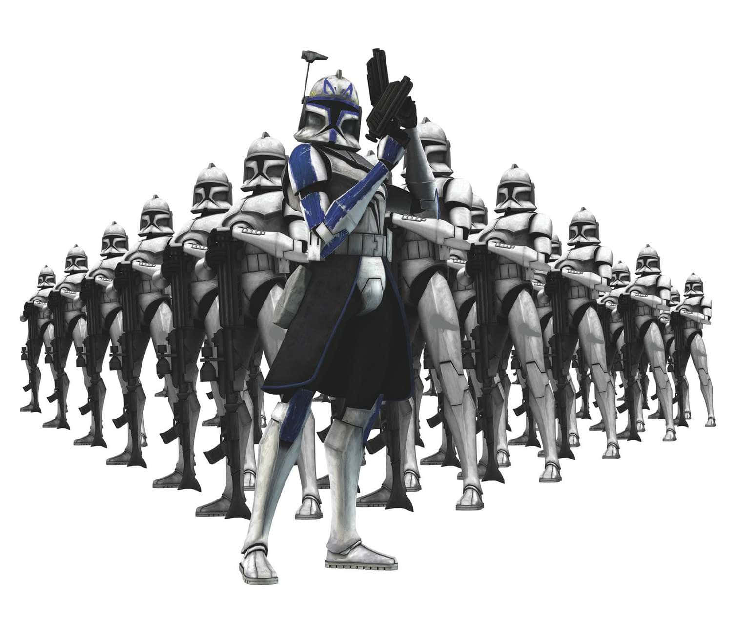 The Clone Army 桌布 壁紙 — 一名身穿藍白盔甲的克隆人突擊兵立正站好，身後有一隊士兵手持爆能槍。