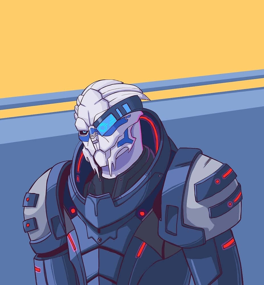 Garrus Vakarian 桌布 壁紙 — 一名身穿藍紅裝甲、戴著發光藍色面罩的網絡戰士，站在黃色和藍色的背景前。