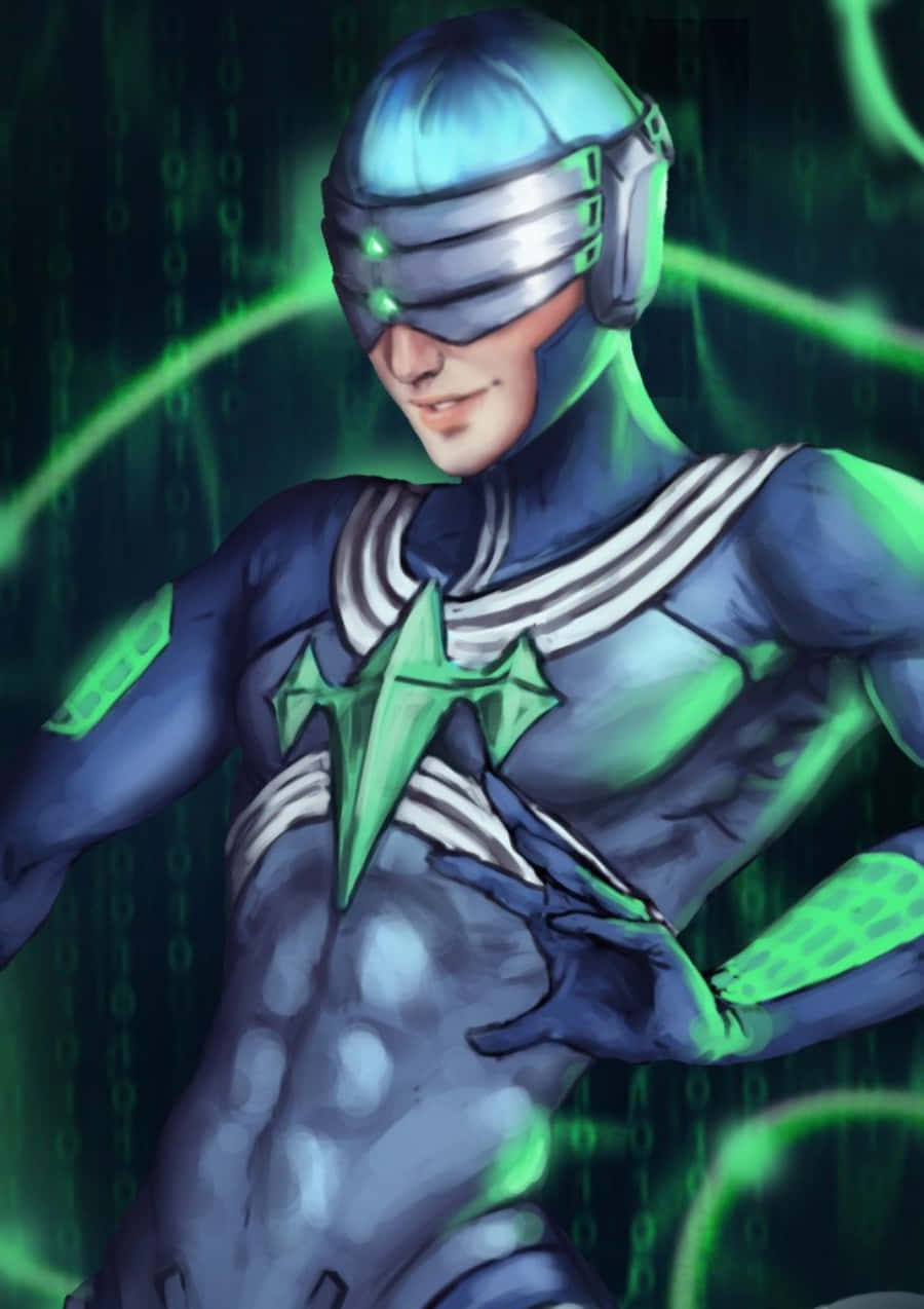 Houka Inumuta 桌布 壁紙 — 一名身穿藍綠色裝甲的網絡戰士自信地站在數位矩陣背景前，背景有發光的綠色能量線條。