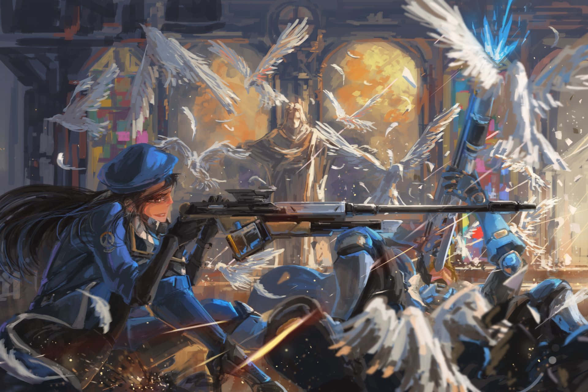Overwatch Ana 桌布 壁紙 — 一名身穿藍色制服的士兵在大教堂般的環境中，於一場混亂的戰鬥中向有翼生物和發光能量射擊步槍。