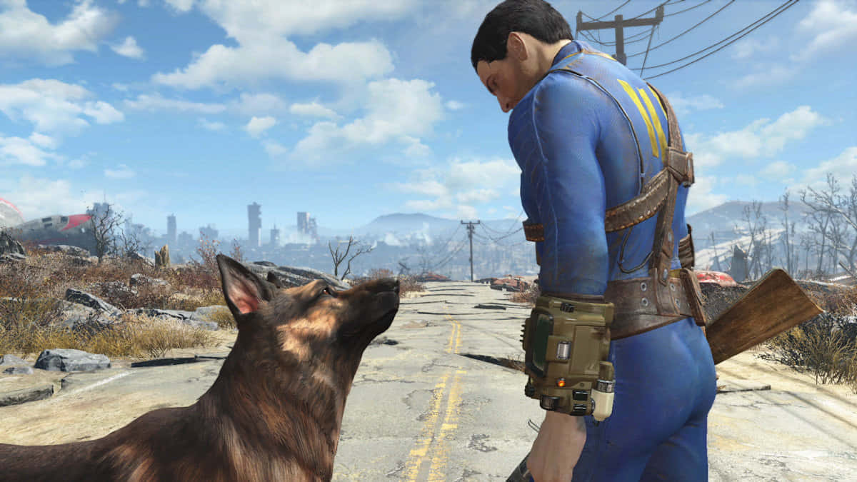Fallout Characters 桌布 壁紙 — 一名身穿藍色動力裝甲服的男子，在一條裂開的道路上，與一隻德國牧羊犬並肩走過廢棄的後末日荒原。