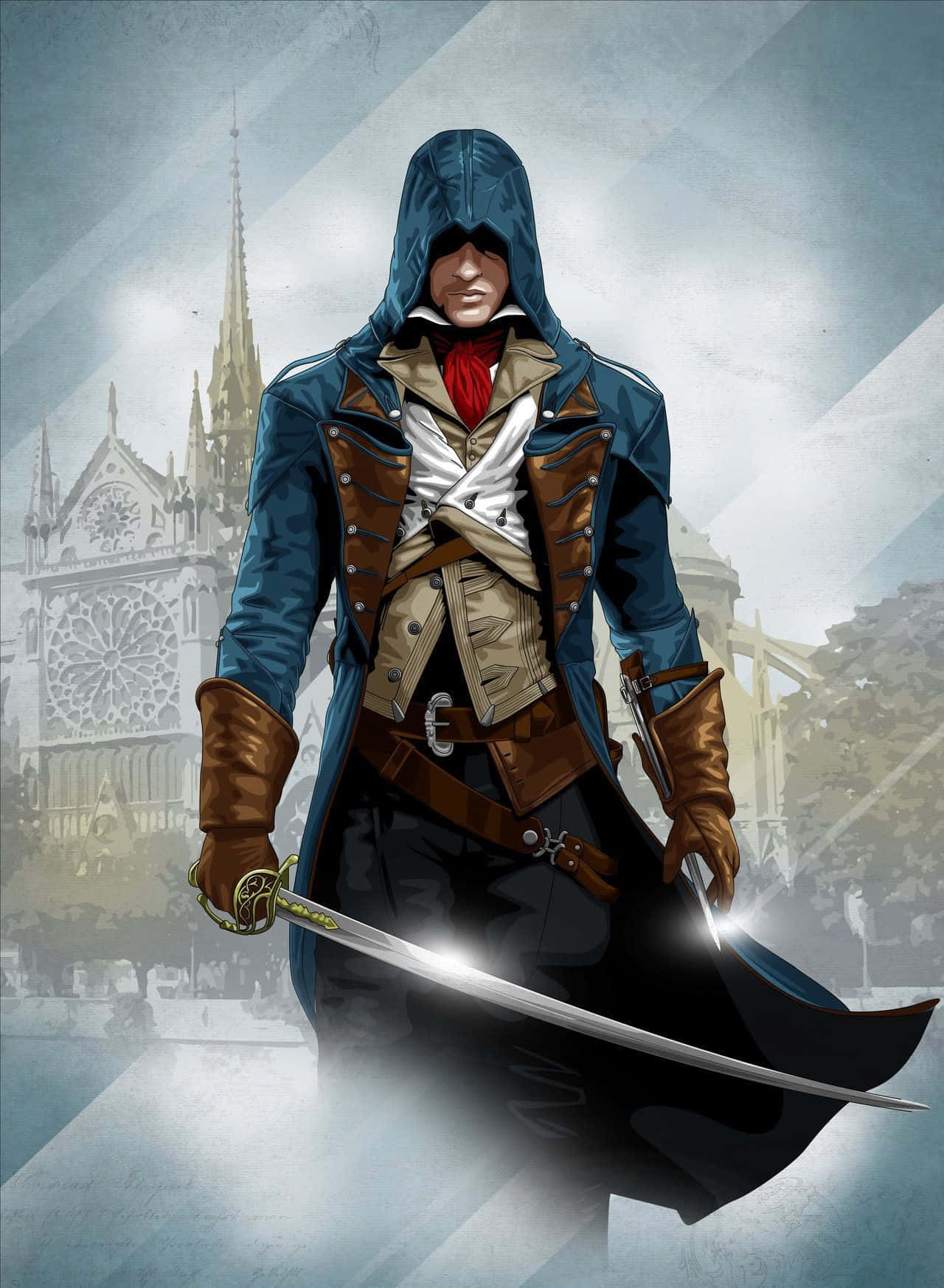 Arno Dorian 桌布 壁紙 — 一名身穿藍色外套和棕色皮革的蒙面刺客，手持閃閃發光的劍，以霧濛濛的聖母院為背景，蓄勢待發。
