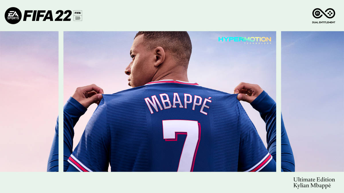 Banner 桌布 壁紙 — 一名身穿藍色球衣、背後印有「MBAPPÉ 7」的足球員，在柔和的粉紅與藍色天空下掀起衣領露出臉龐。
