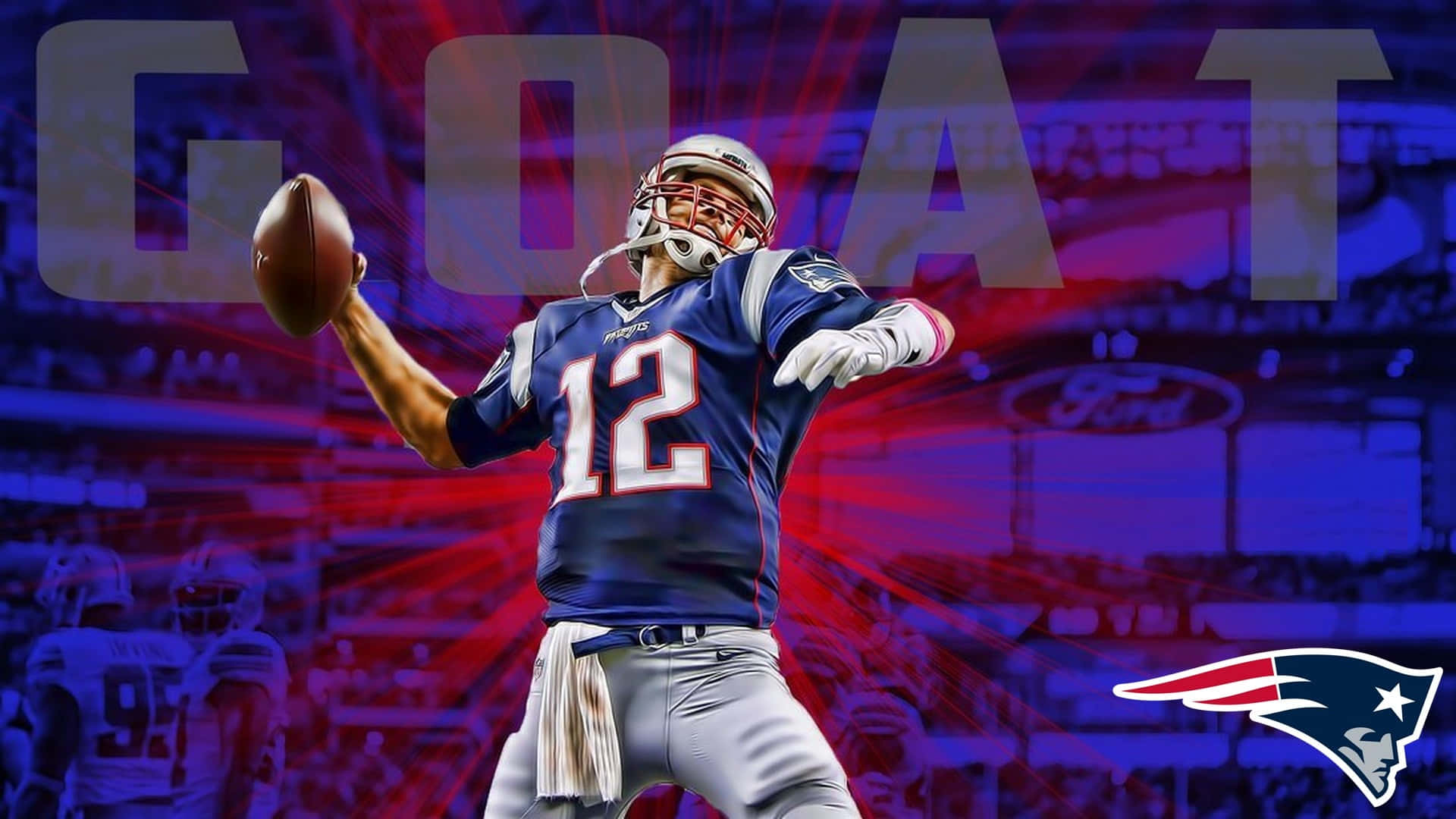 Super Bowl 桌布 壁紙 — 一名身穿藍色球衣、號碼12的美式足球四分衛，在充滿活力的紅藍色體育場背景下，帶有'GOAT'文字，擲出球。