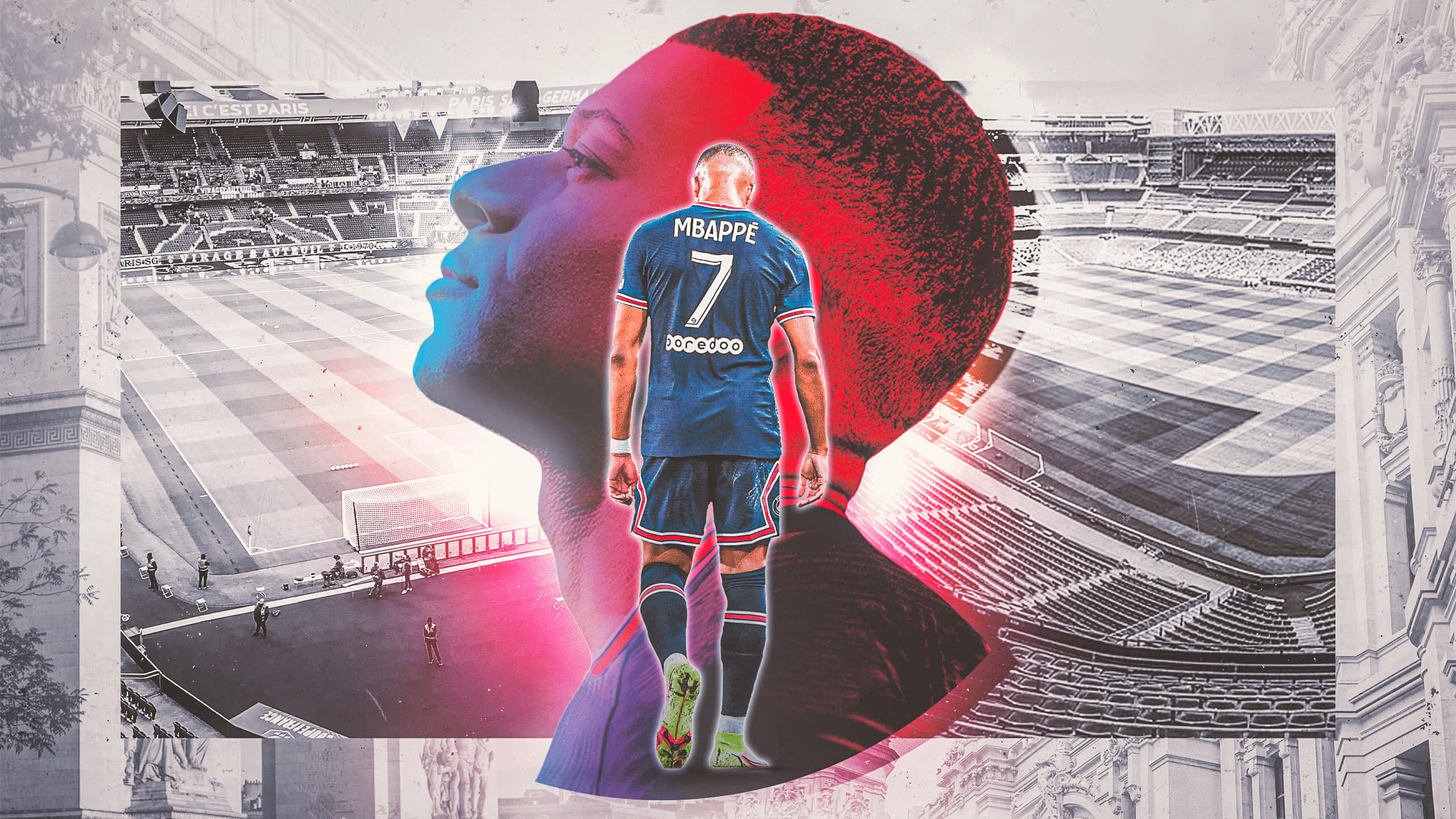 Mbappe 桌布 壁紙 — 一名身穿藍色球衣的足球員站在體育場前，疊加了他臉部鮮豔的紅藍色剪影。