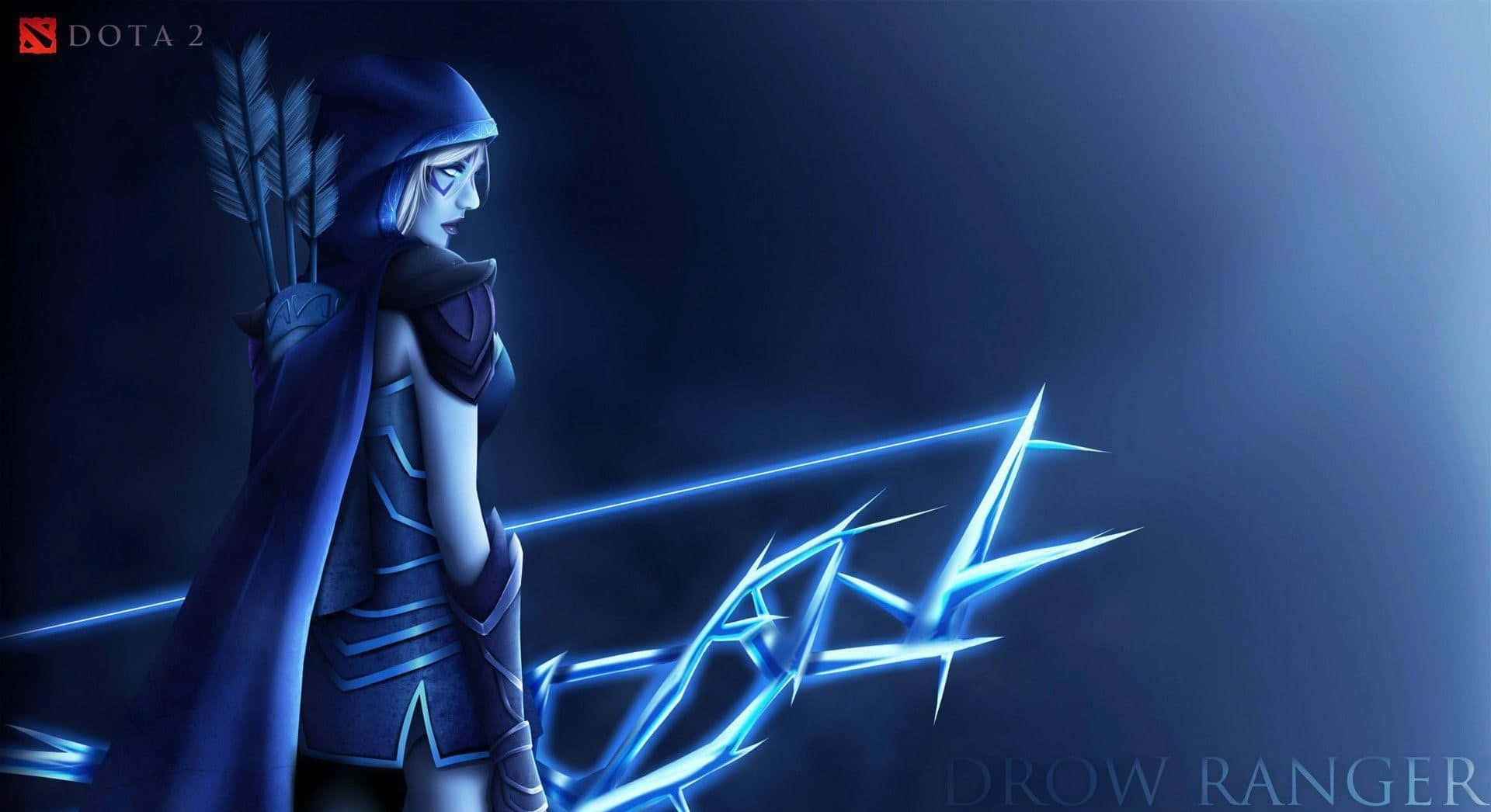 Drow Ranger 桌布 壁紙 — 一名身穿藍色盔甲、戴著兜帽的弓箭手，在深色漸變背景前，手持發光的藍色箭矢，蓄勢待發。