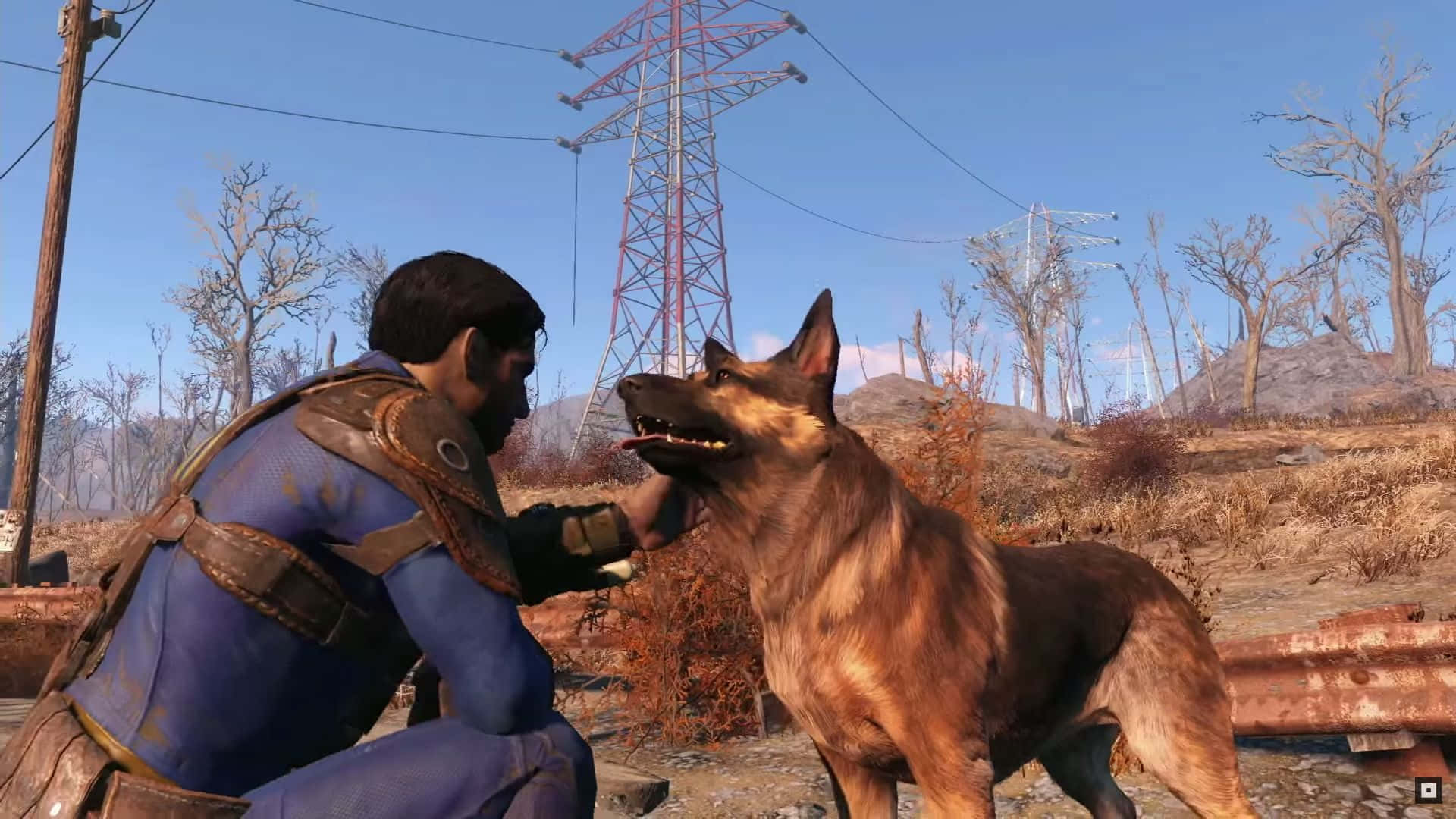 Fallout 4 Dogmeat 桌布 壁紙 — 一名身穿藍色盔甲嘅男人跪低，喺晴朗藍天下嘅荒蕪廢土上，撫摸一隻德國牧羊犬，周圍有電線同枯樹。