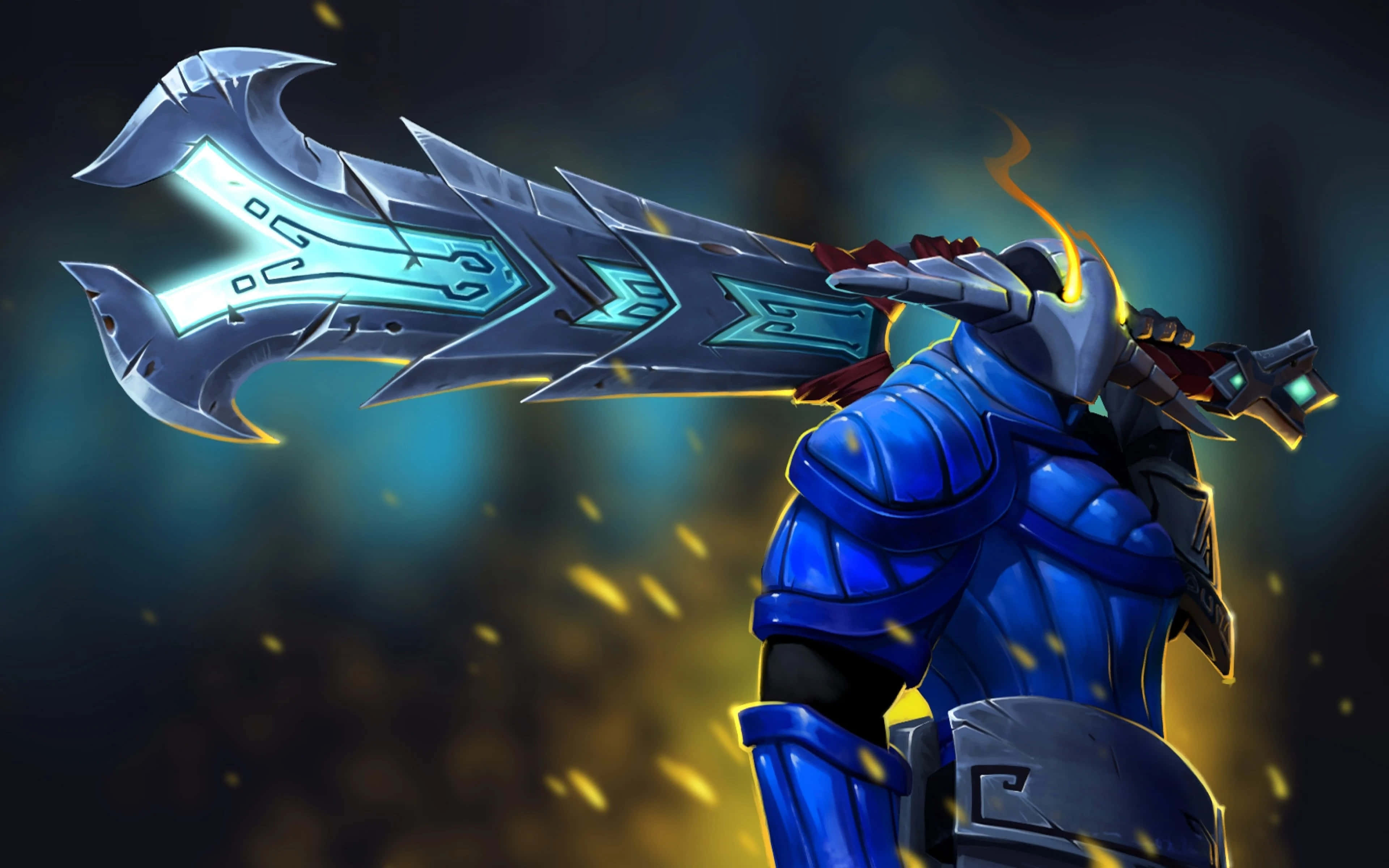 Dota 2 Heroes 桌布 壁紙 — 一名身穿藍色盔甲的戰士，在黑暗神秘背景中手持一把巨大的發光劍，伴隨著金色火花。