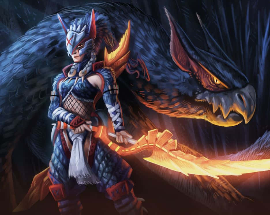 Monster Hunter Monsters 桌布 壁紙 — 一名身穿藍色盔甲的戰士揮舞著發光的劍，面對陰暗森林中一頭有著火焰眼睛的巨大黑暗龍。