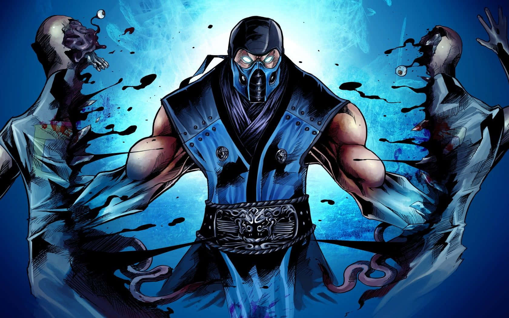 Mortal Kombat Sub-zero 桌布 壁紙 — 一名身穿藍色盔甲的蒙面忍者戰士挑釁地站著，身後兩個腐爛的身影在充滿活力的藍色背景下爆炸。
