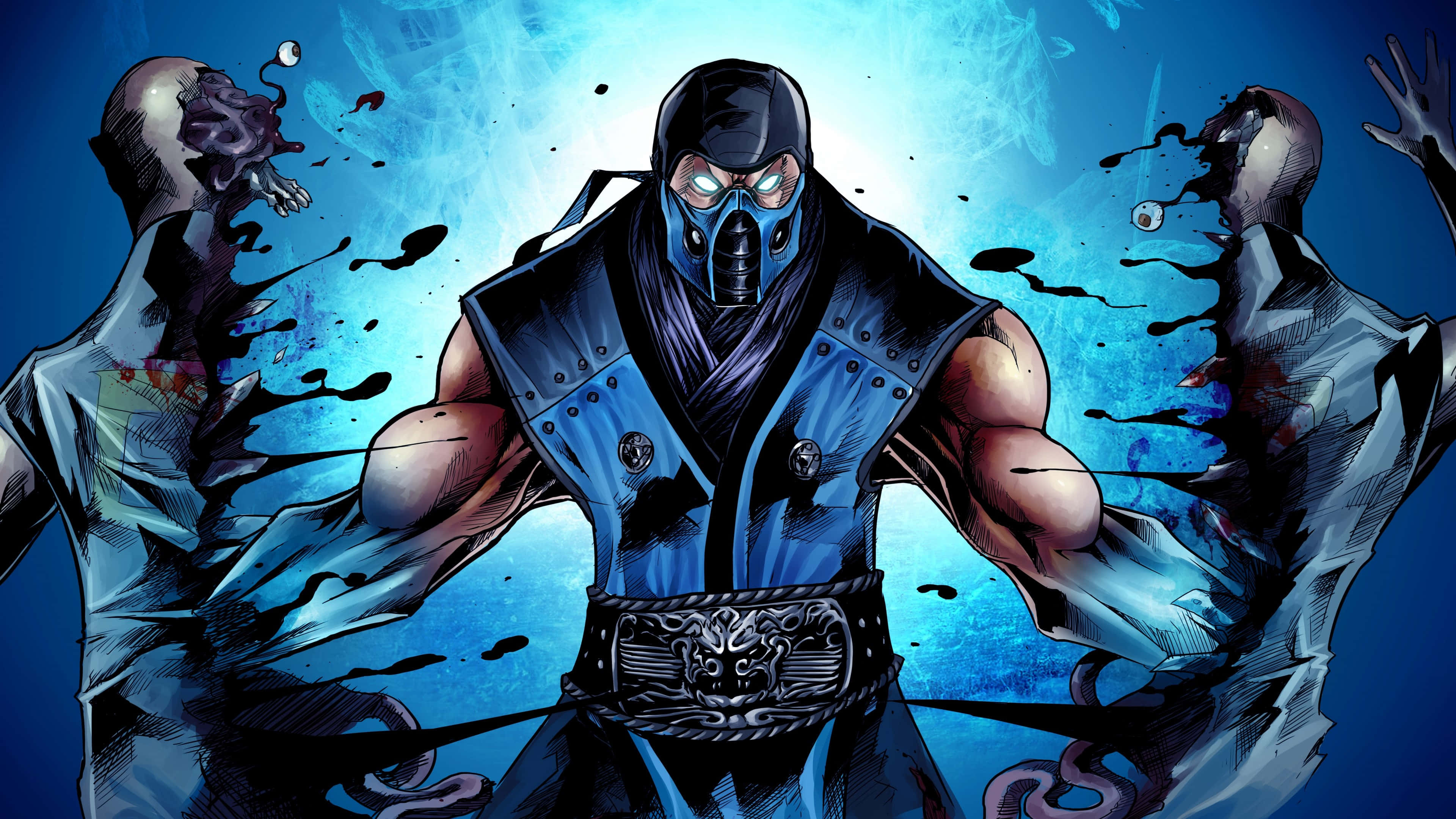 Mortal Kombat Legacy 桌布 壁紙 — 一名身穿藍色盔甲的蒙面忍者戰士挑釁地站立，身後兩個腐朽的身影在發光的藍色背景下爆炸。