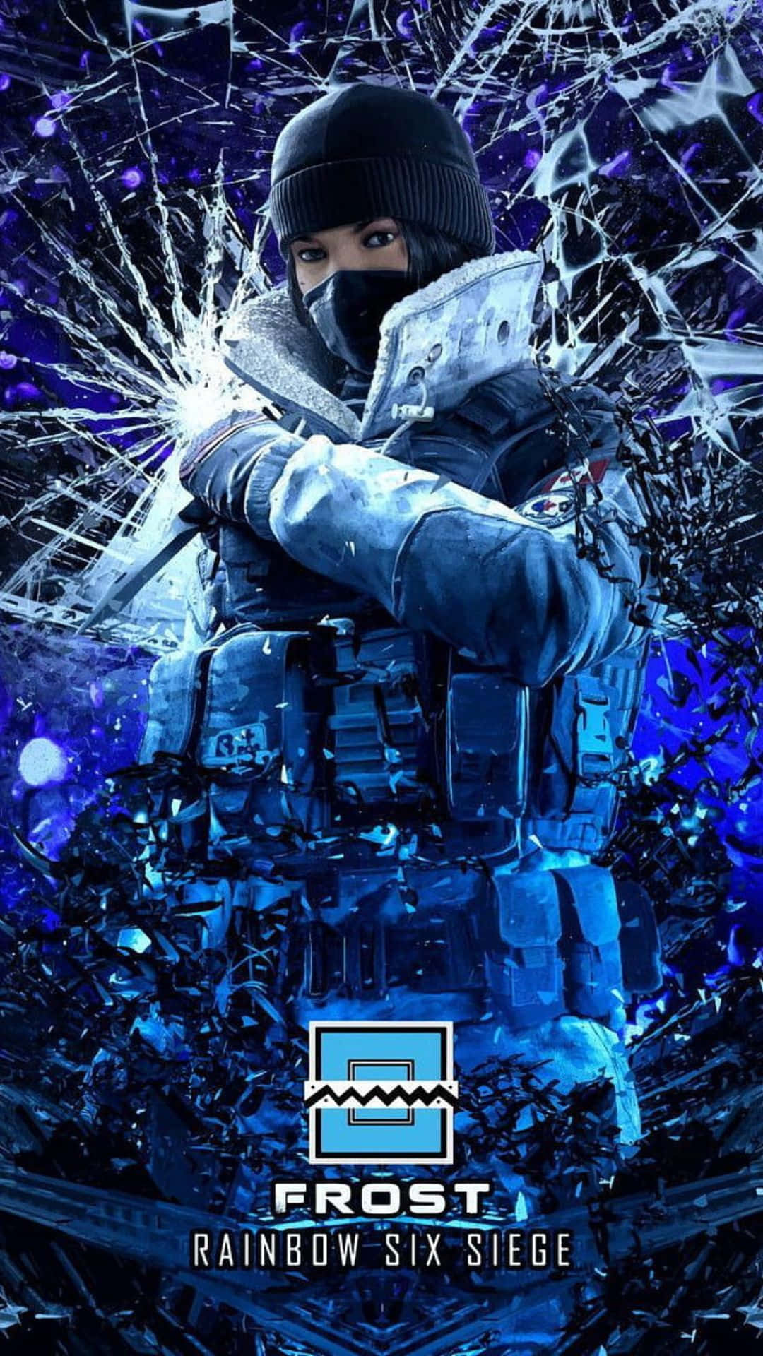 Rainbow Six Siege Operators 桌布 壁紙 — 一名身穿藍色裝備的戰術幹員在充滿活力的紫色和藍色背景下突破破碎的玻璃。
