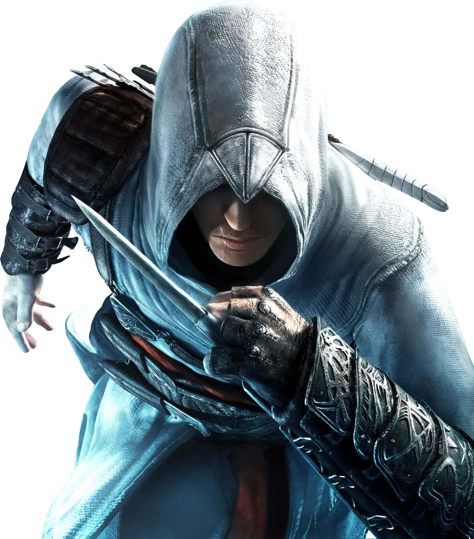 Desmond Miles 桌布 壁紙 — 一名身穿藍色長袍的蒙面刺客，在純白背景下專注地握著一把隱藏刀刃。