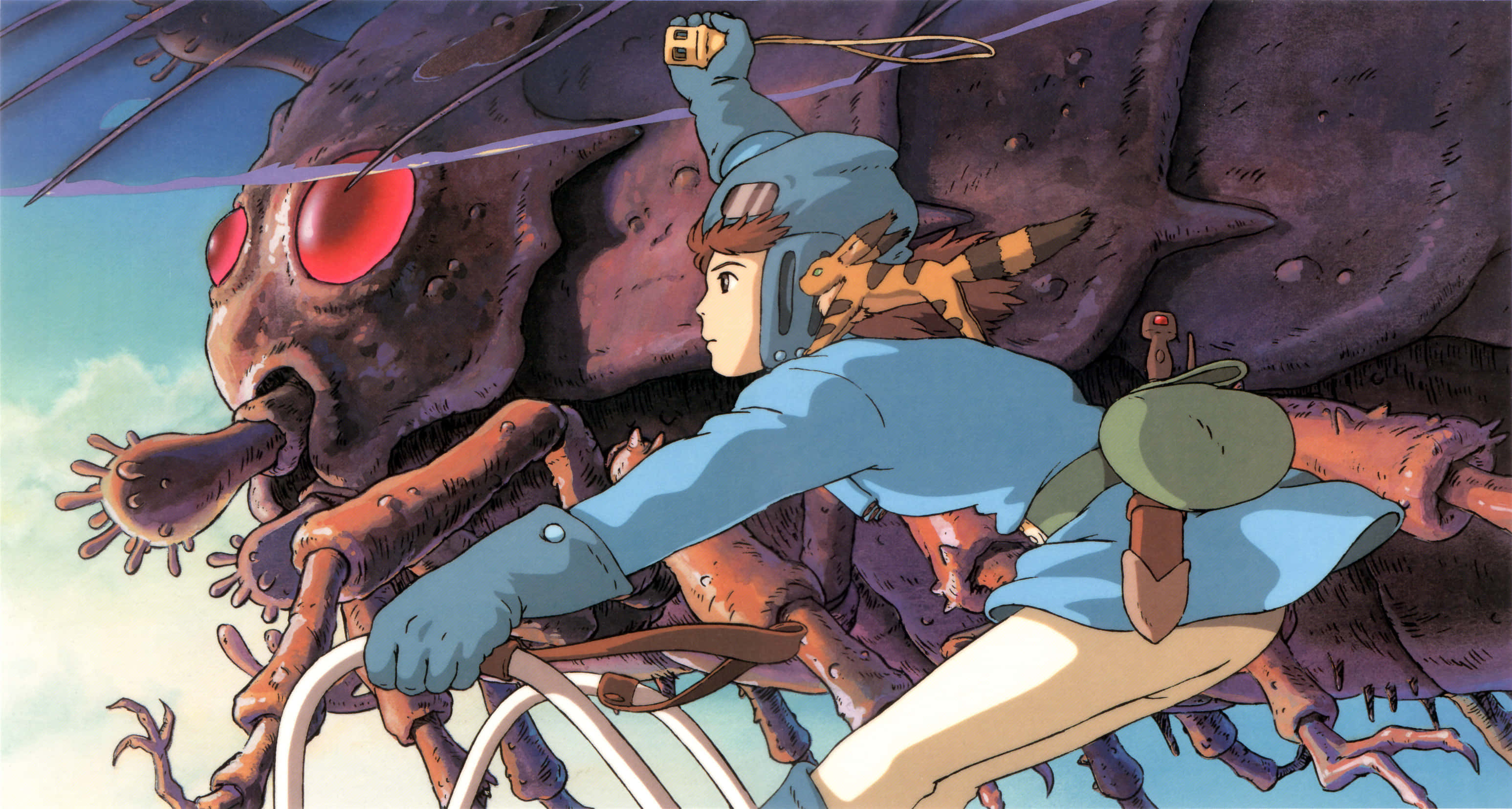 nausicaä of the valley of the wind 桌布 壁紙 — 一名身穿藍色飛行裝備的年輕機師緊握控制器，身後一隻巨大的紅眼機械獸在明亮的天空下隱現。