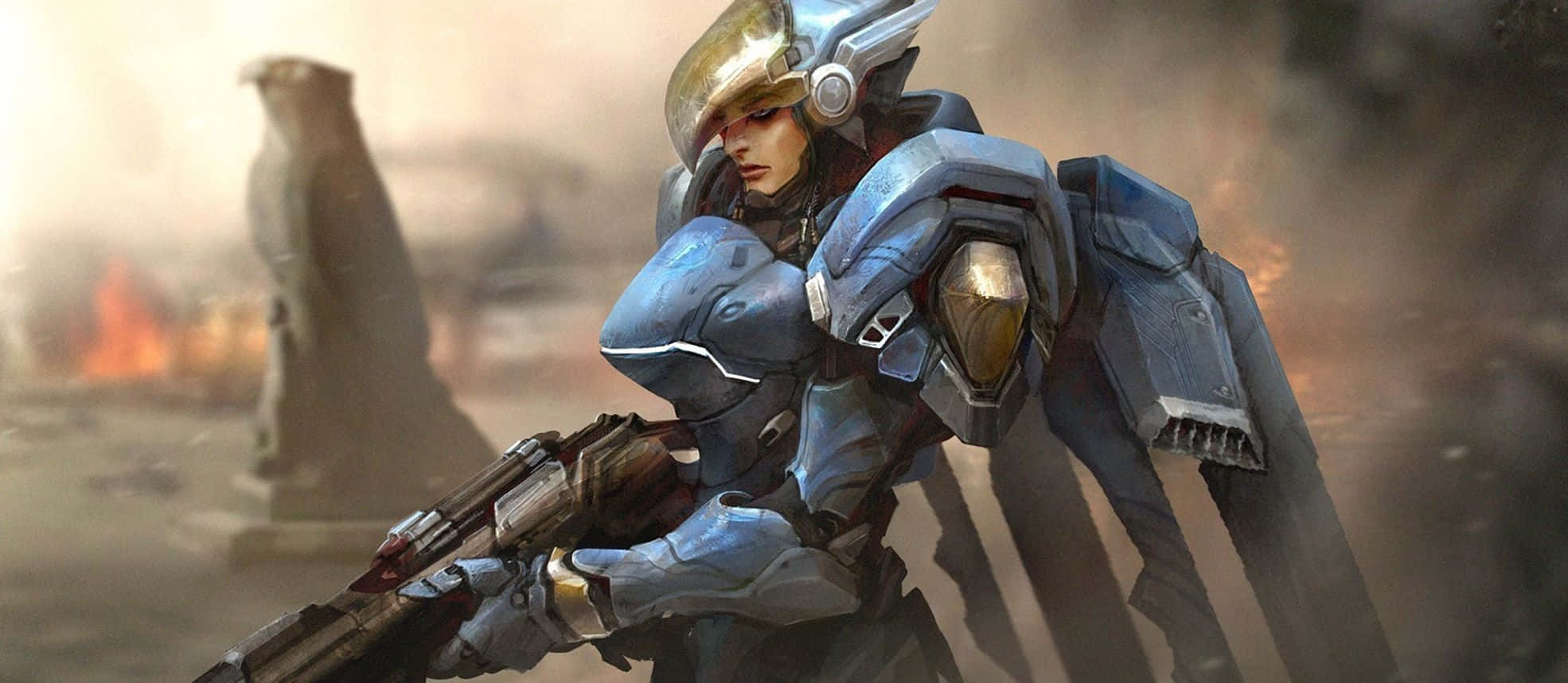 Overwatch Pharah 桌布 壁紙 — 一名身穿藍銀色盔甲的女兵在煙霧瀰漫的戰場上手持步槍，背景是燃燒的廢墟。
