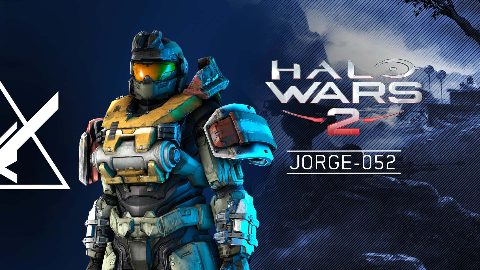 Jorge-052 桌布 壁紙 — 一名身穿藍黃色裝甲的重裝士兵站在黑暗風暴的戰場上，帶有Halo Wars 2標誌。