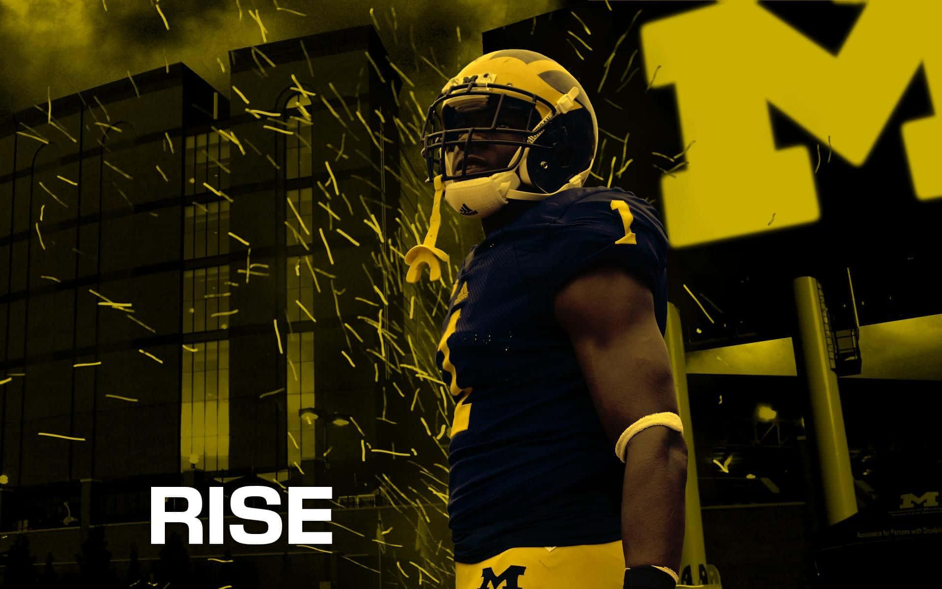 Michigan Wolverines 桌布 壁紙 — 一名身穿藍黃裝備的足球員自信地站立，火花在他周圍飛舞，背景是黑暗的城市。