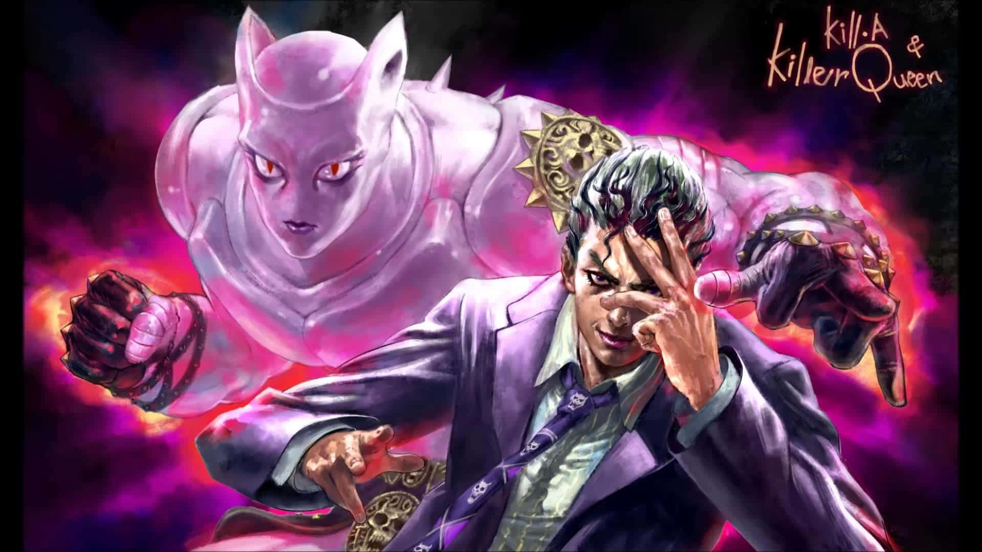 Kira Yoshikage 桌布 壁紙 — 一名身穿西裝的男子做出手勢，身後有一隻巨大的紫色貓狀生物在熾熱的粉紅色和紫色背景中隱現。