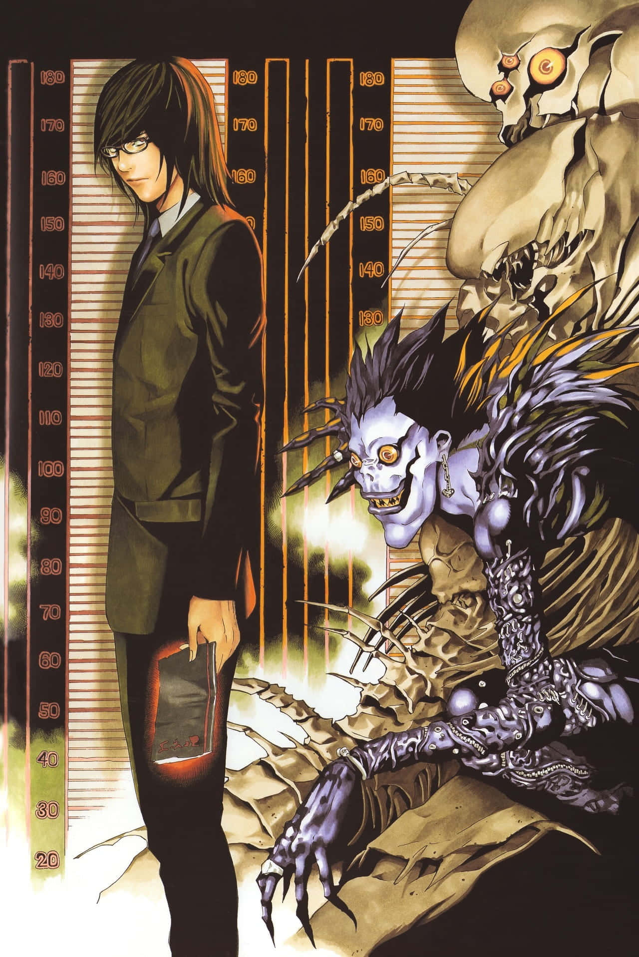 Teru Mikami 桌布 壁紙 — 一名身穿西裝的男子冷靜地站在一個怪物般的死神形象旁邊，背景是身高圖表。
