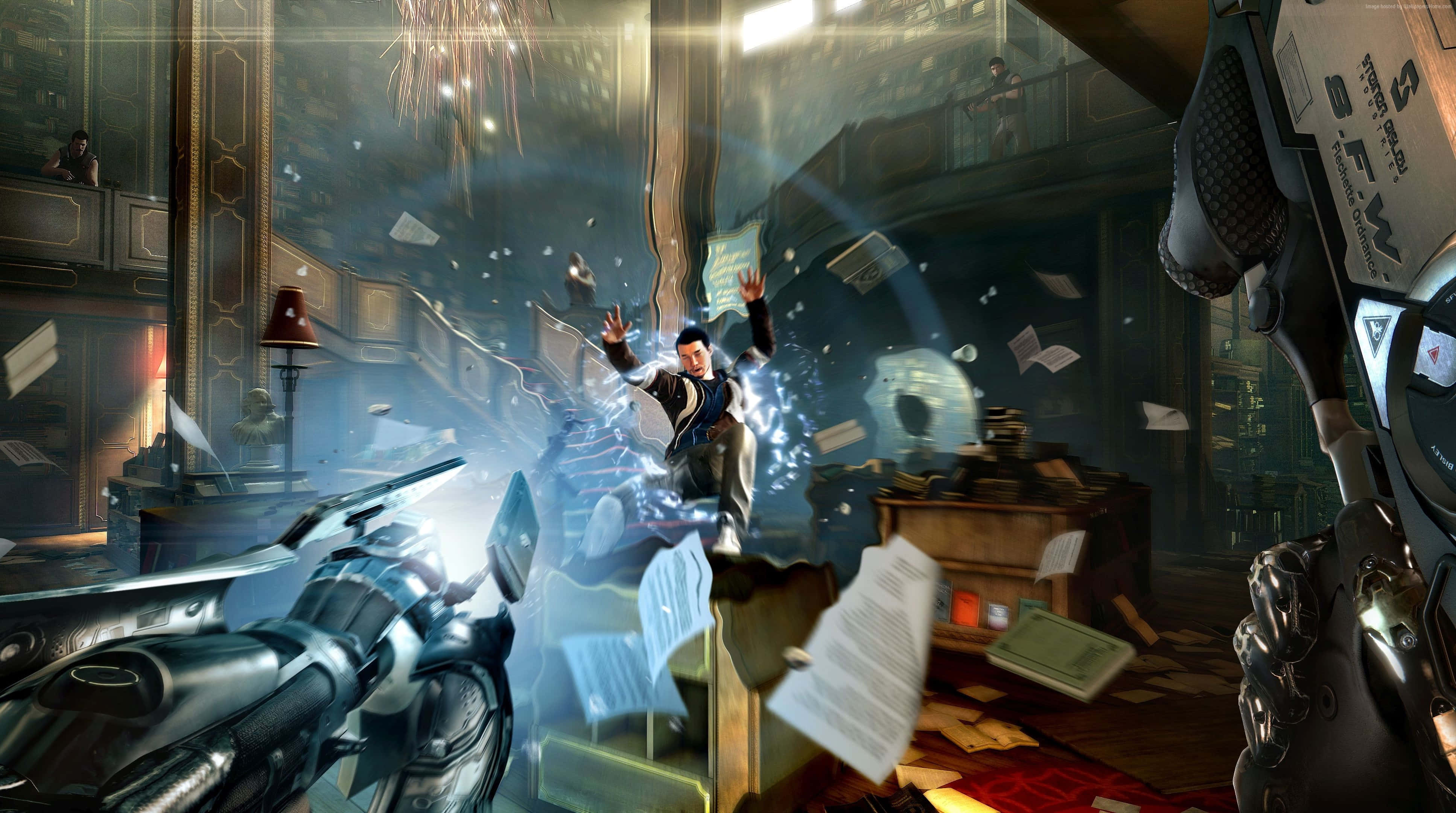 Sci Fi Games 桌布 壁紙 — 一名身穿西裝的男子在一個雜亂華麗的辦公室中被發光的能量爆炸向後炸飛，紙張飛揚，未來武器清晰可見。