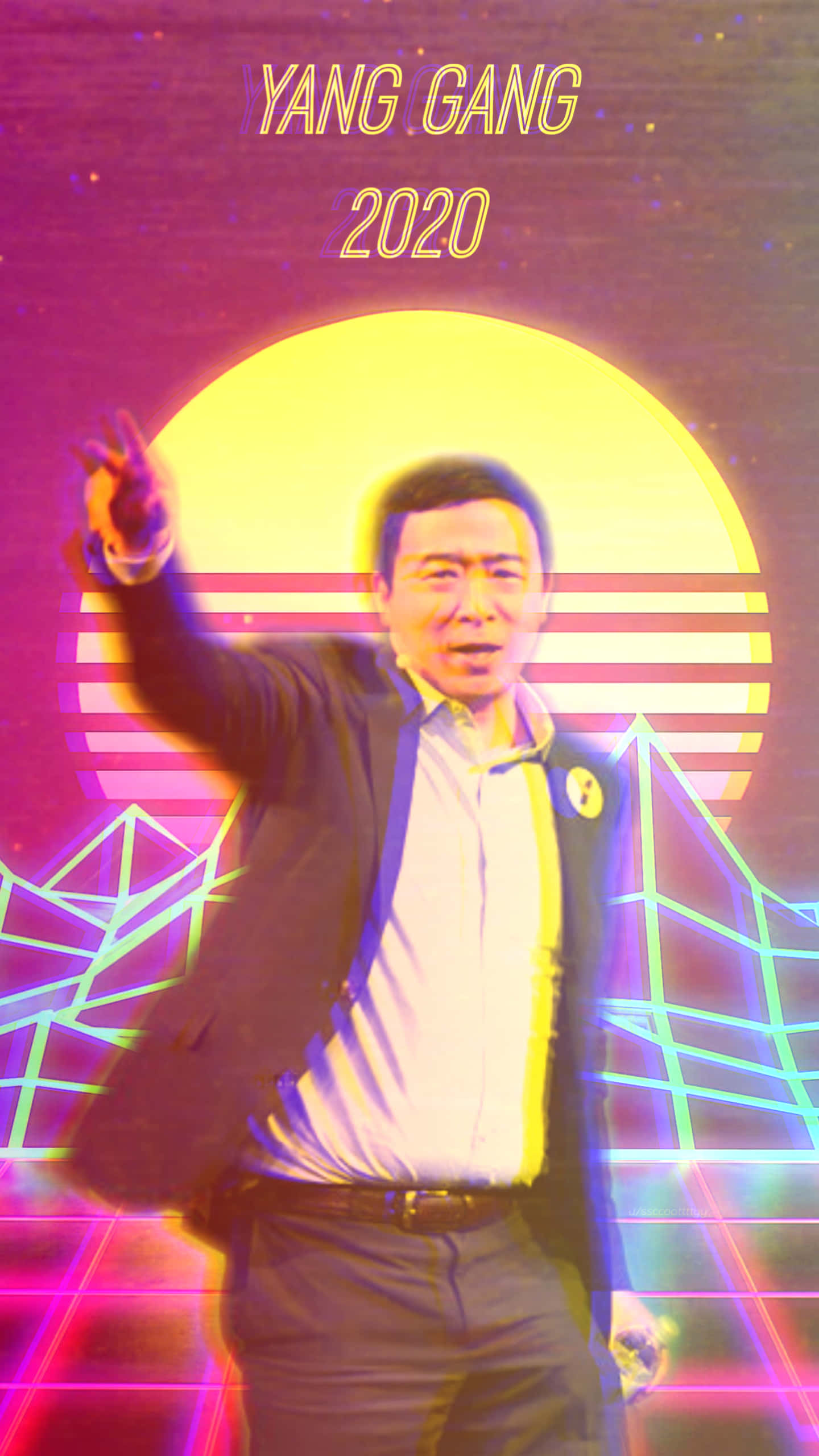 政治 桌布 壁紙 — 一名身穿西裝的男子在充滿活力的霓虹日落背景下擺姿勢，背景有幾何網格和「YANG GANG 2020」文字。