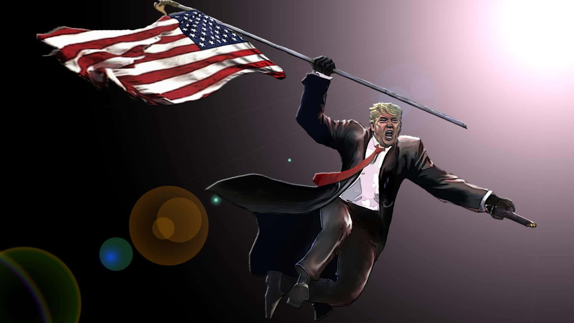 trump 桌布 壁紙 — 一名身穿西裝的男子在深色漸變背景和鏡頭光暈中，揮舞著帶有美國國旗的旗杆，動態跳躍。