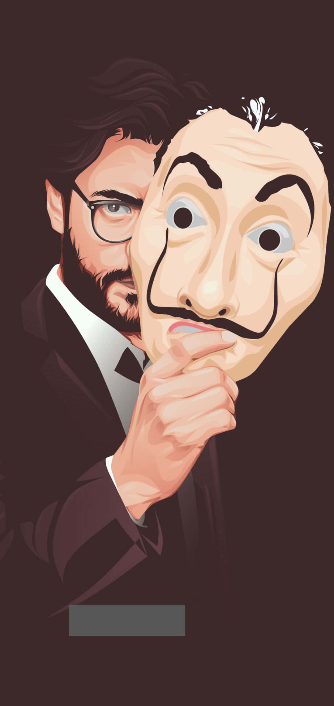Money Heist 桌布 壁紙 — 一名身穿西裝的男子在深色背景下將薩爾瓦多·達利面具貼在臉上。