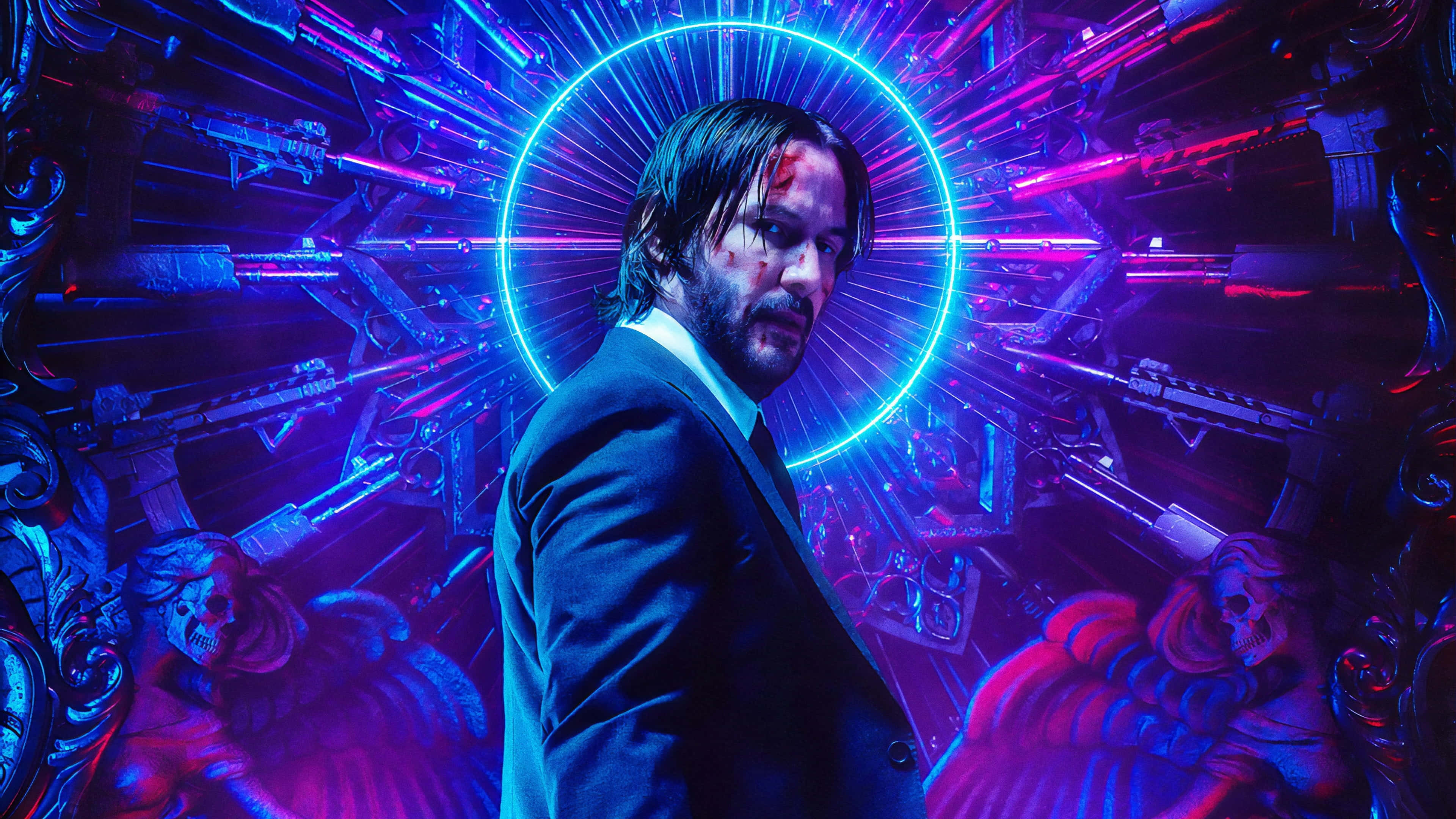 Keanu Reeves 桌布 壁紙 — 一名身穿西裝的男子在發光藍色光環下，挑釁地站在霓虹燈照耀的武器和頭骨風暴中。