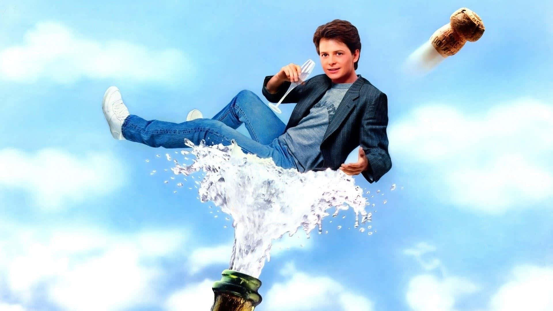 michael j fox 桌布 壁紙 — 一名身穿西裝的男子在香檳瓶爆炸上方懸浮，背景是晴朗藍天和 fluffy 雲朵。