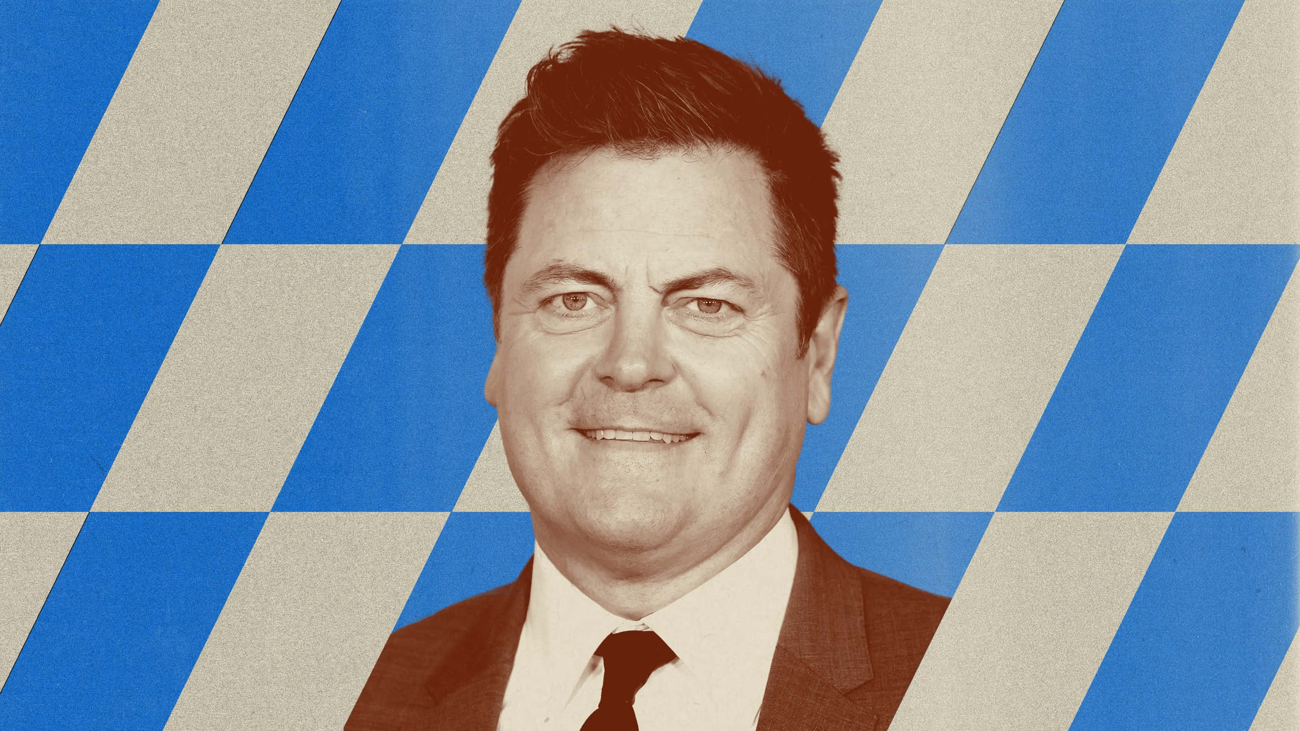 nick offerman 桌布 壁紙 — 一名身穿西裝的男子在鮮明的藍白格仔背景前微笑，帶有復古色調。