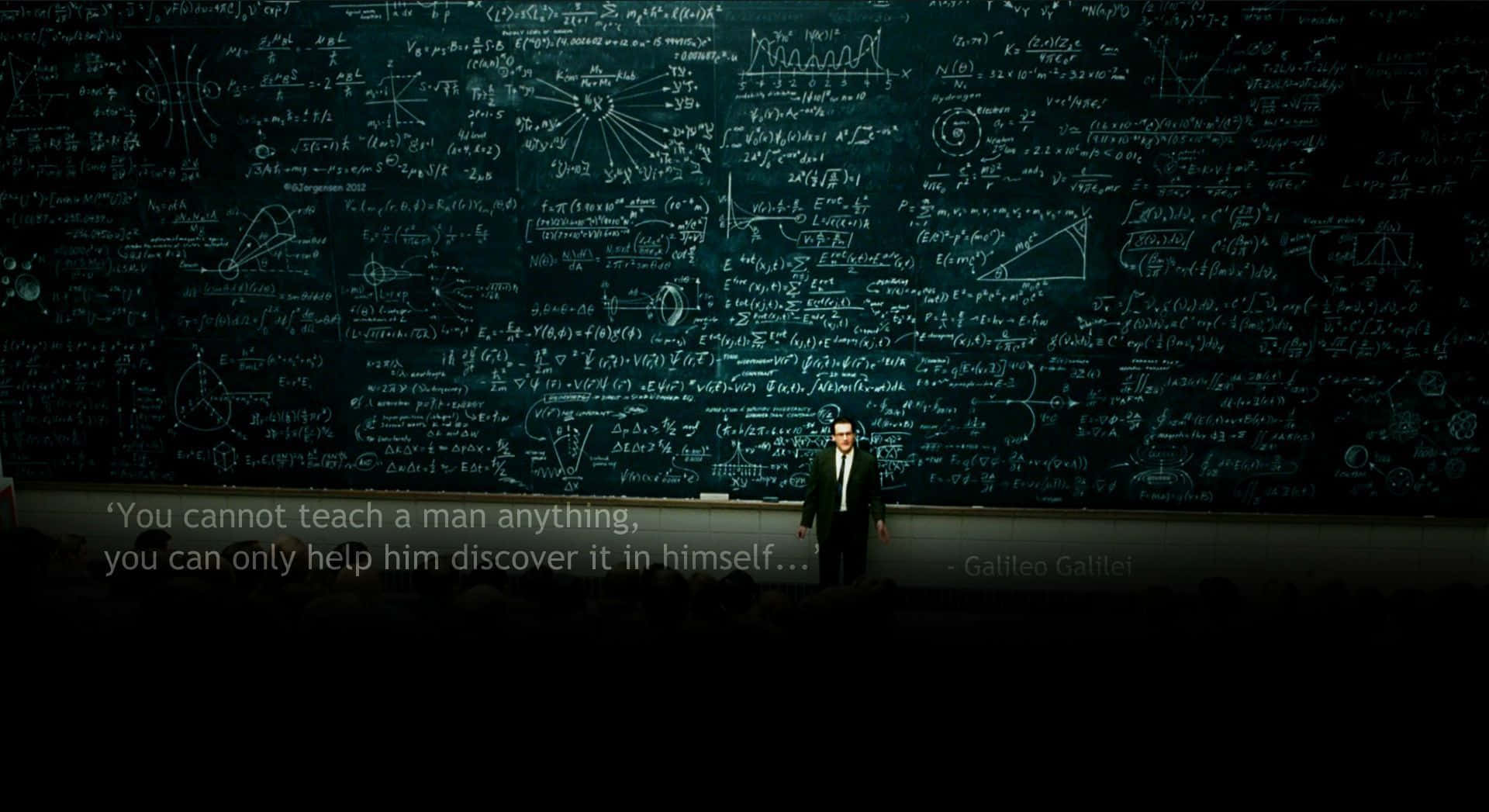 Physics 桌布 壁紙 — 一名身穿西裝的男子站在一個巨大的黑板前，黑板在戲劇性的燈光下佈滿了複雜的數學方程式和圖表。
