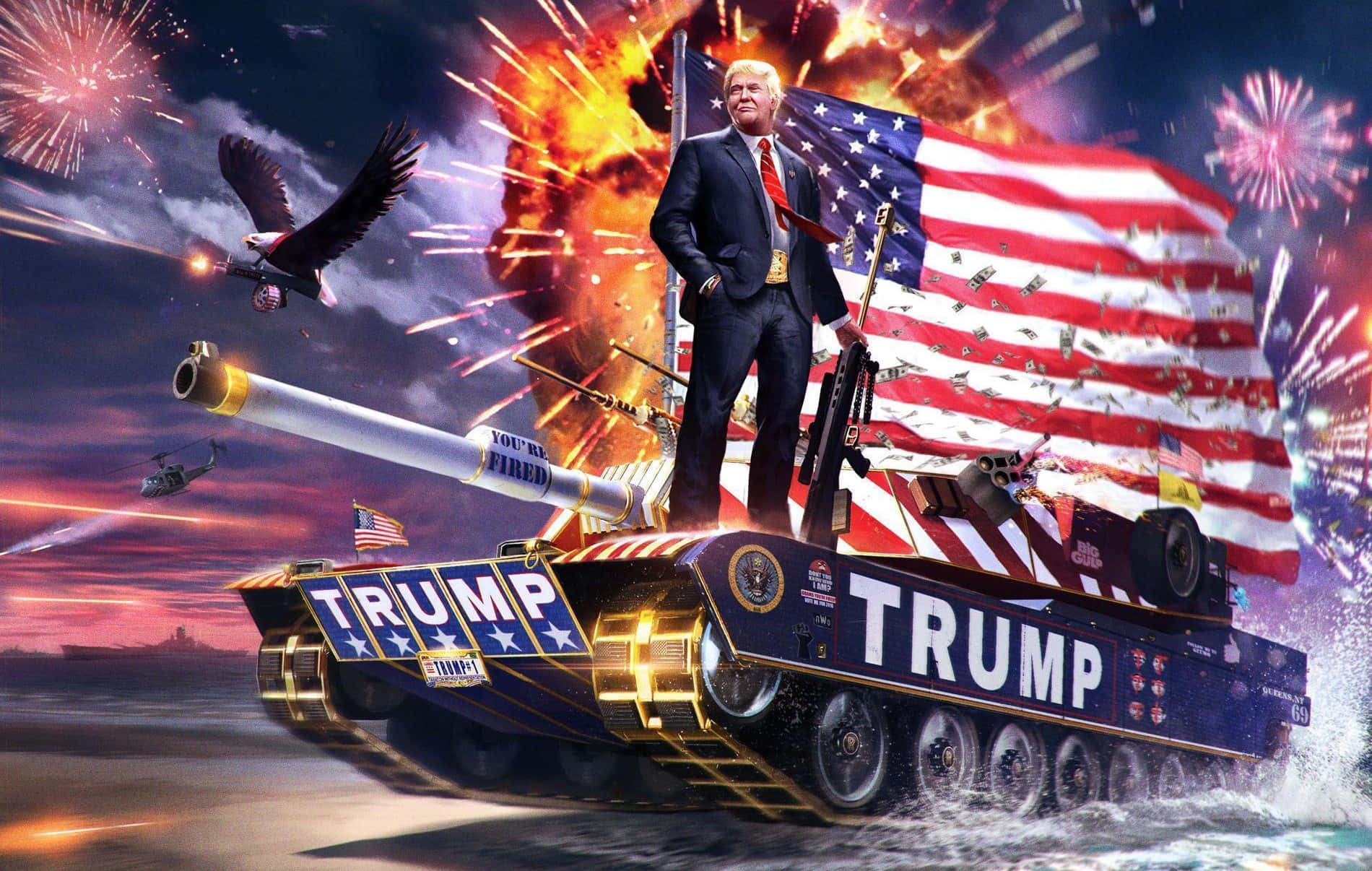 trump 桌布 壁紙 — 一名身穿西裝的男子站在標有「TRUMP」的坦克上，坦克在水面上疾馳，煙花綻放，一隻鷹在頭頂飛翔。