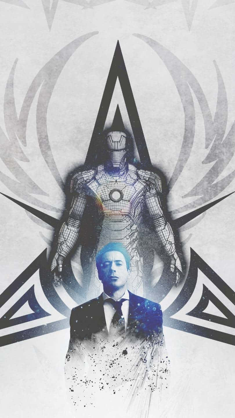 Iron Man Fan Art 桌布 壁紙 — 一名身穿西裝的男子站在線框鐵甲奇俠戰衣下方，背景為風格化的星爆圖案及宇宙飛濺效果。