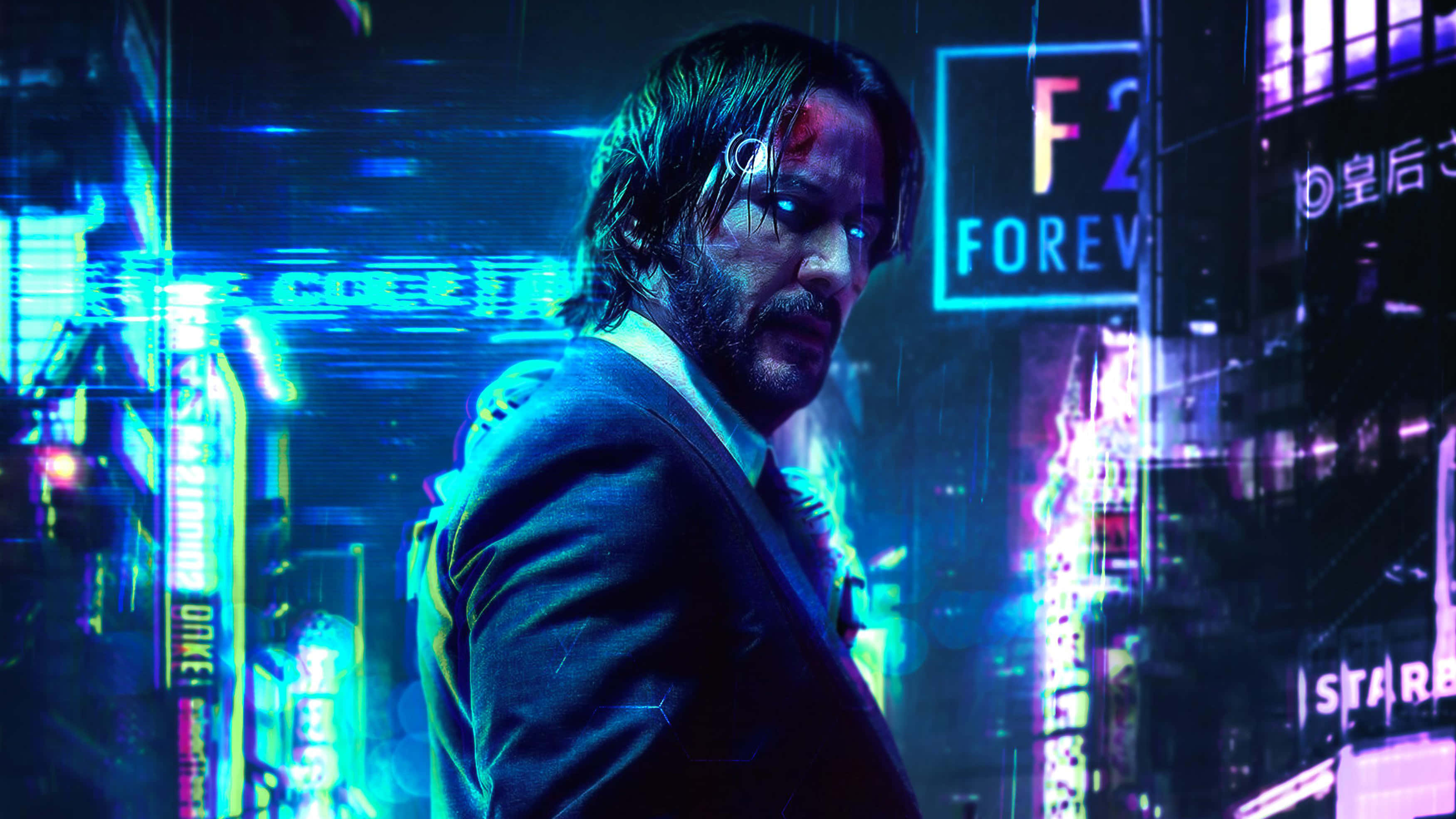 Dark Cyberpunk 桌布 壁紙 — 一名身穿西裝的男子站在雨水浸濕、霓虹燈閃爍的賽博龐克城市景觀中，周圍有發光的招牌和數碼疊加效果。