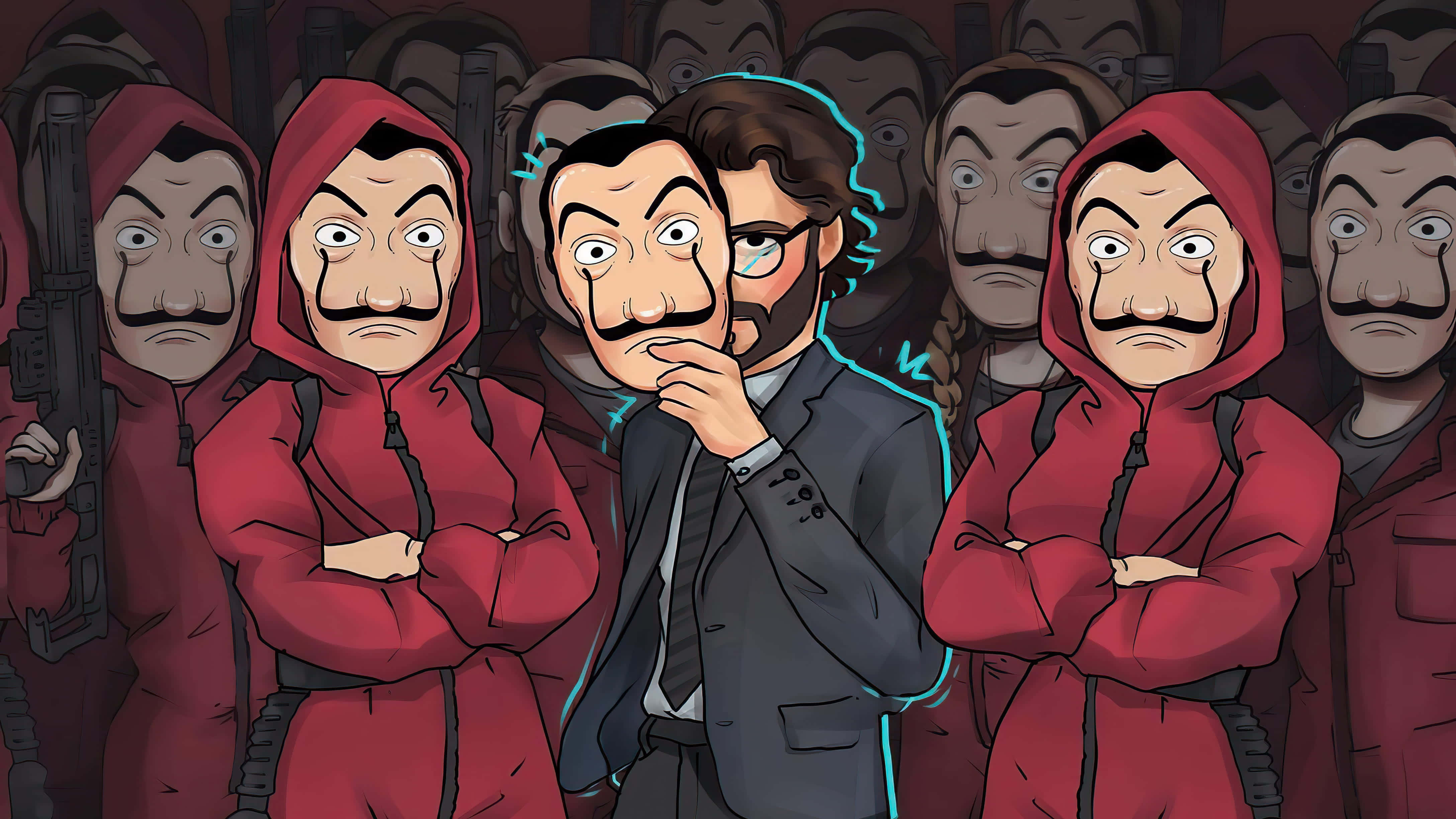 Money Heist 桌布 壁紙 — 一名身穿西裝的男子被一群戴著紅色頭巾、留著鬍子的卡通風格威脅人物包圍。