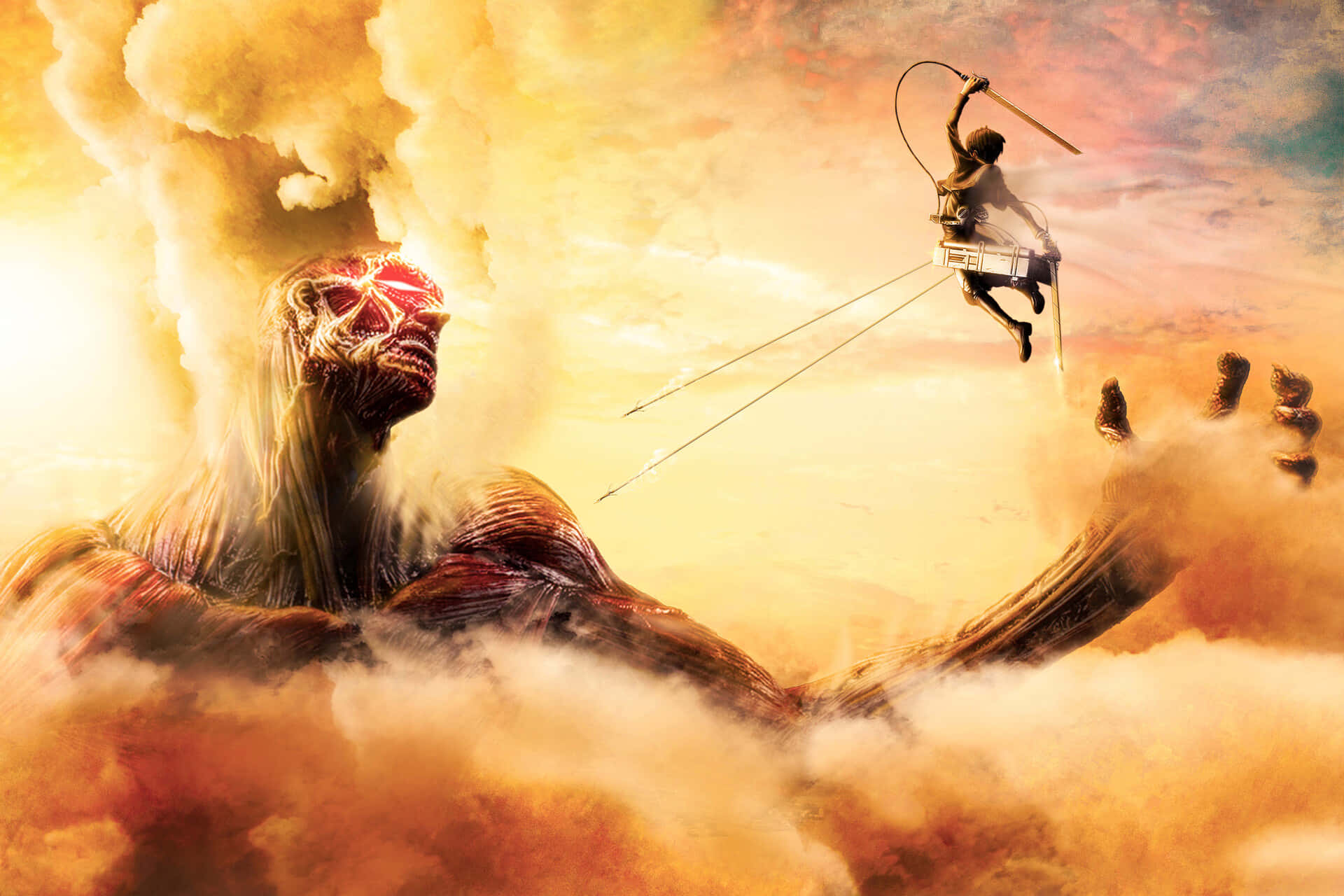 Attack On Titan Video Game 桌布 壁紙 — 一名身穿護具的戰士在火紅的天空下，向從雲層中出現的巨型泰坦揮劍。