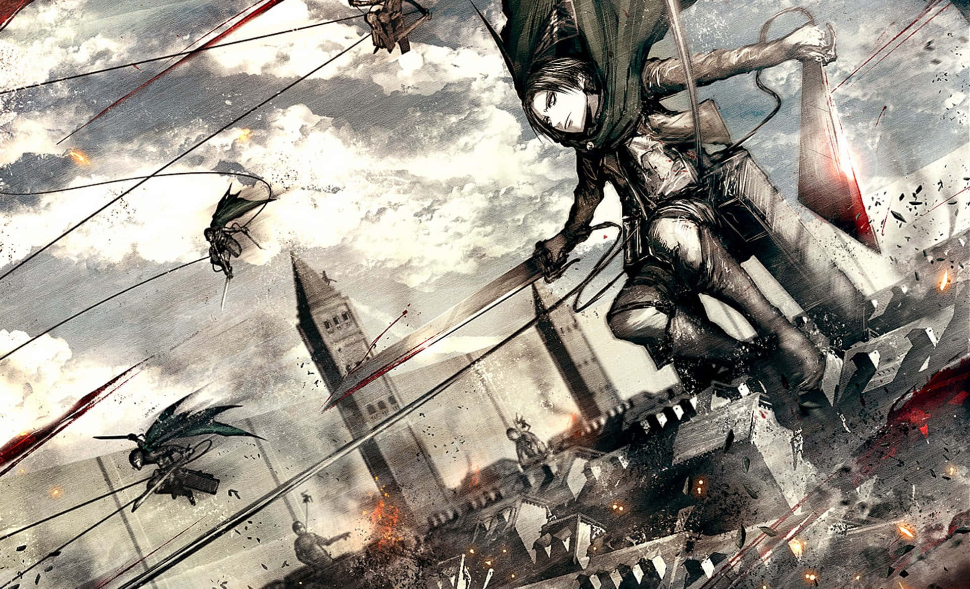 Great Titan War 桌布 壁紙 — 一名身穿護具的戰士在破碎的城市景觀中揮劍，巨型人形生物在煙霧和瓦礫中攻擊。