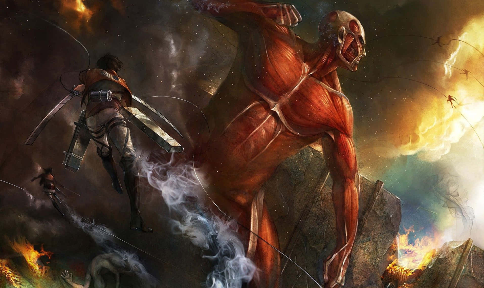Great Titan War 桌布 壁紙 — 一名身穿護具的戰士跳向一個巨大的紅皮膚泰坦，周圍是熾熱的爆炸和煙霧。