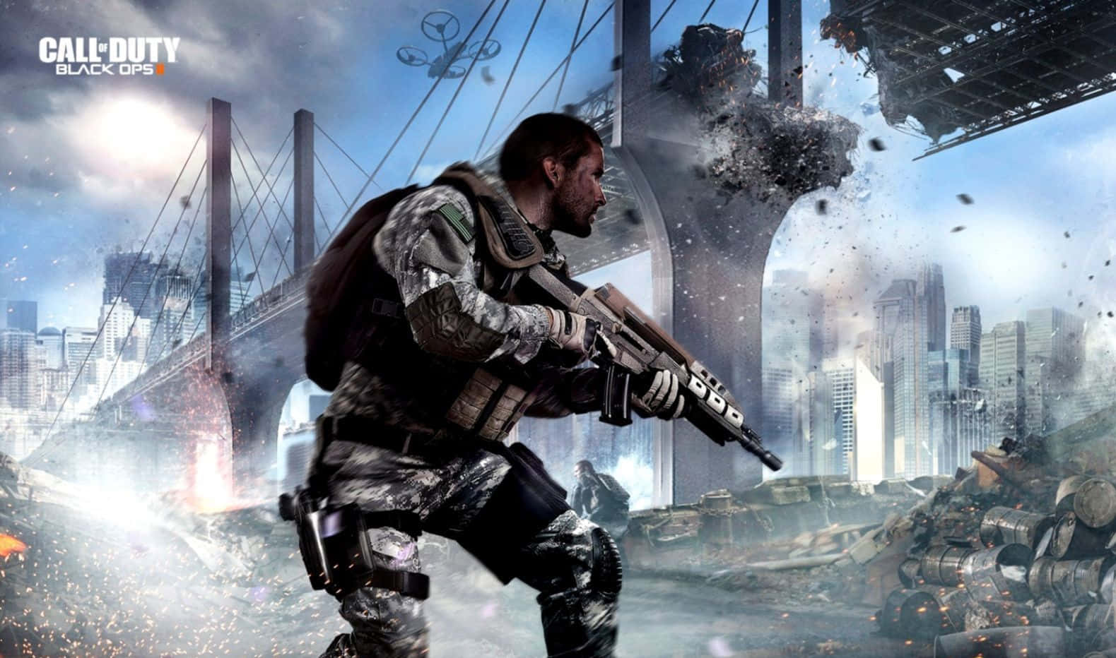 Black Ops 桌布 壁紙 — 一名身穿迷彩服的士兵穿過戰火摧殘的城市景觀，周圍的橋樑和摩天大樓正在崩塌。