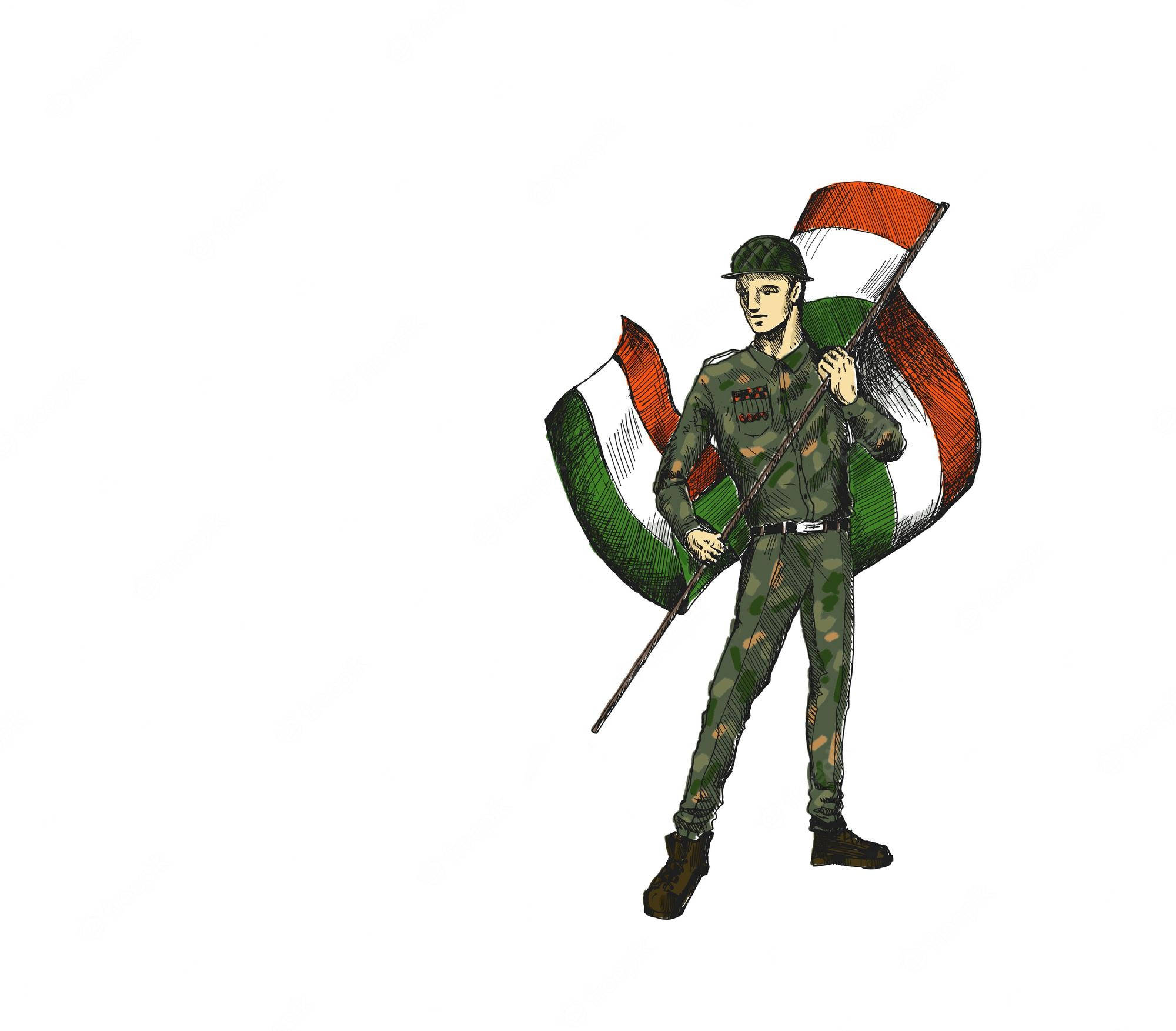 Indian Army 桌布 壁紙 — 一名身穿迷彩服的士兵自豪地舉起一面帶有粗條紋的大型印度國旗，背景為純白色。