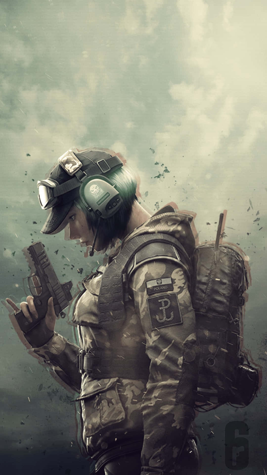 Ela R6 桌布 壁紙 — 一名身穿迷彩裝備和頭盔的士兵，在暴風雨的天空下，周圍有碎片飛揚，手持手槍。